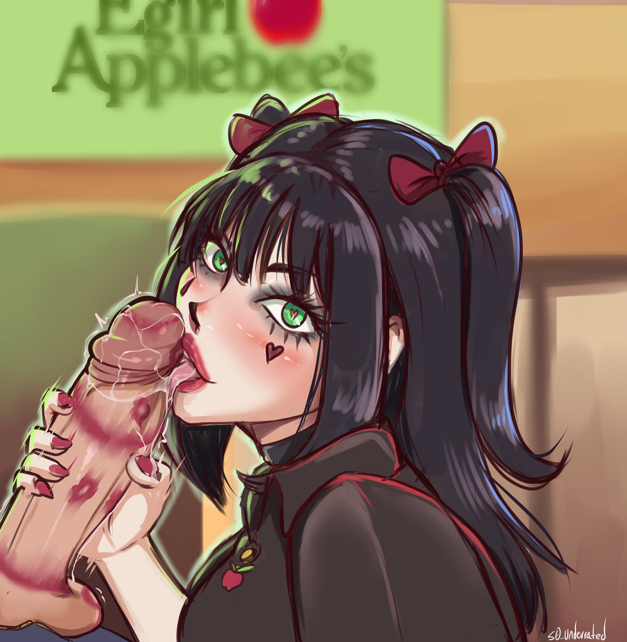 1boy, 1girls, about to cum, applebee's, artist name, balls, big breasts, big penis, breasts, deepthroat mark, egirl, egirl applebee's, fellatio, female, handjob while sucking, imminent cumshot, kissing penis, licking, licking penis, licking tip, lipstick, lipstick on penis, looking at viewer, male, motion lines, original character, penis, restaurant, s0 underrated, stroking penis, tongue, tongue out, twitch lines, twitching penis, uniform, unseen male face