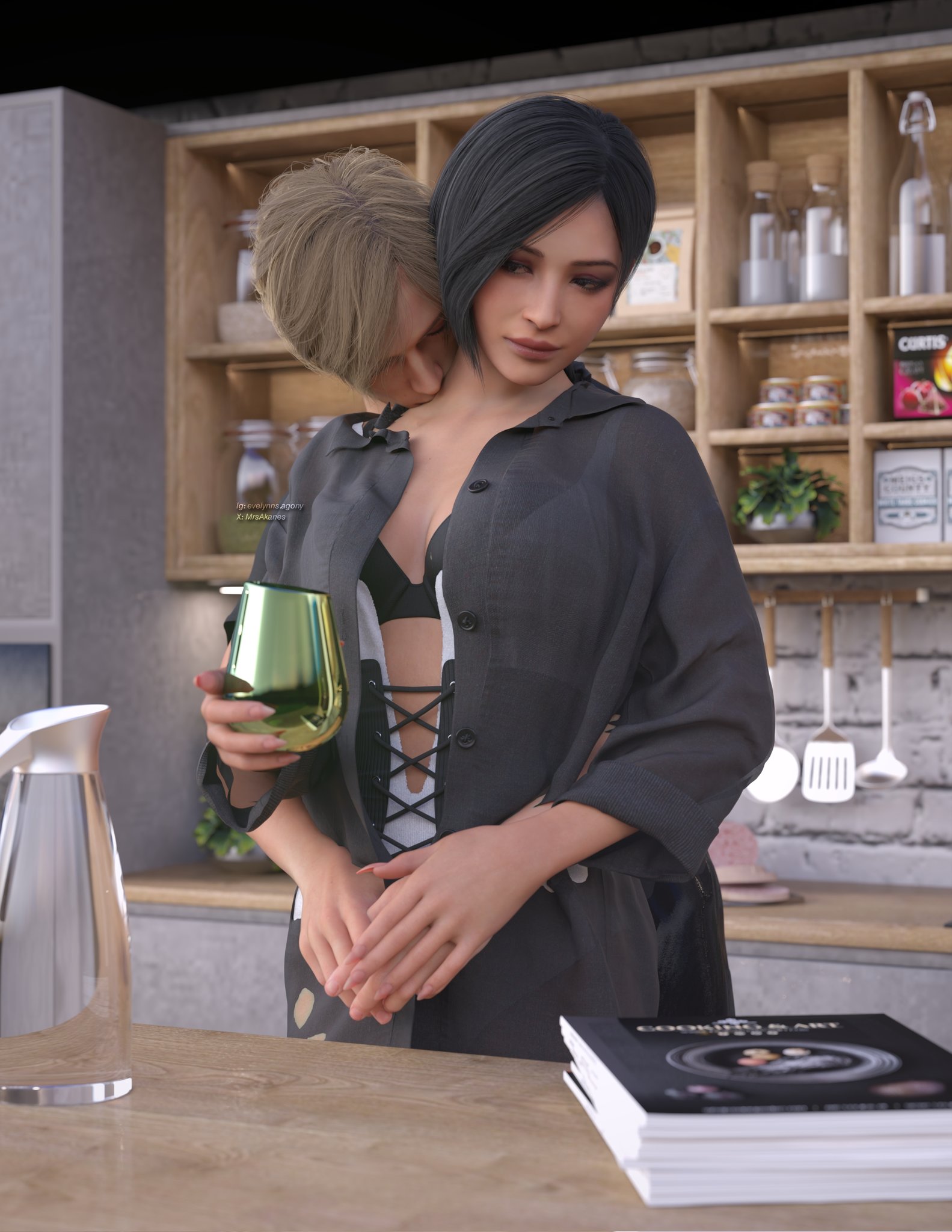 1boy, 1girls, 3d, 3d (artwork), 3d model, 3d render, ada wong, ada wong (adriana), artist name, black bra, black hair, blonde hair, bra, buttoned shirt, corset, female, good morning, highres, hugging, hugging from behind, kissing, kissing neck, kitchen, leon scott kennedy, leon scott kennedy (eduard badaluta), light skin, light-skinned male, male, mrs.akanes, open shirt, painted nails, passionate, resident evil, resident evil 4, resident evil 4 remake, short hair, underwear, visible underwear, watermark, wholesome