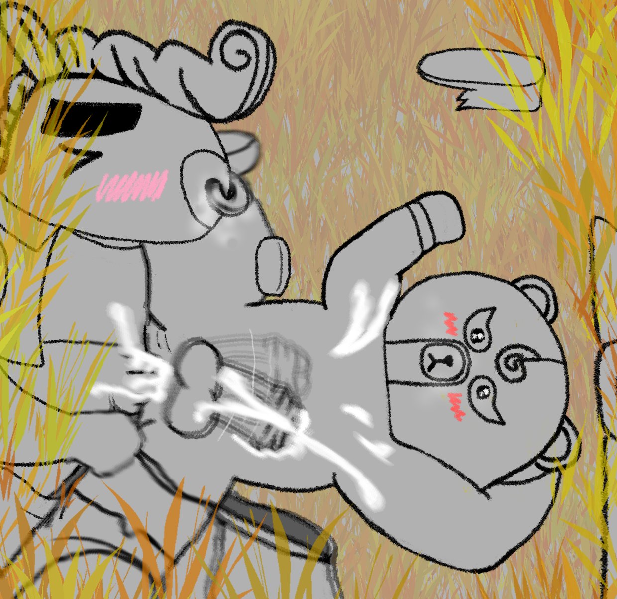0_0 belly breath_cloud bull_(brawl_stars) bull_mang_(brawl_stars) cartoony closed_eyes cum cum_in_ass cum_inside cum_on_self cumming_from_anal_sex cumming_together cumming_while_penetrated cumming_while_penetrating cumshot deep_penetration el_brown_(brawl_stars) el_primo_(brawl_stars) fat gay_sex hands_on_hips hiding laying_down laying_on_ground mang_(bt21) mask_on_head movement_lines moving_penis penetration penile_penetration penis sabuta sex shooting_cum