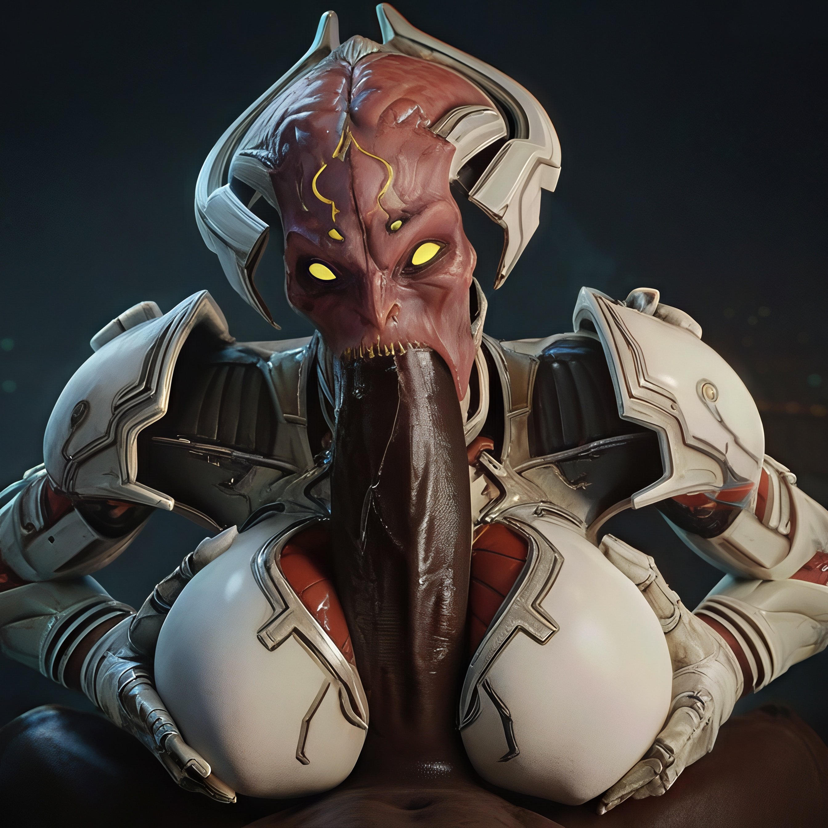 ai generated, big breasts, breasts, dark skin, dark-skinned male, doom (series), drooling, fellatio, female, female monster, huge cock, id software, khan maykr, lolpro2, male, monster girl, paizuri, penis, squeezing breast, stable diffusion, sucking penis, tagme