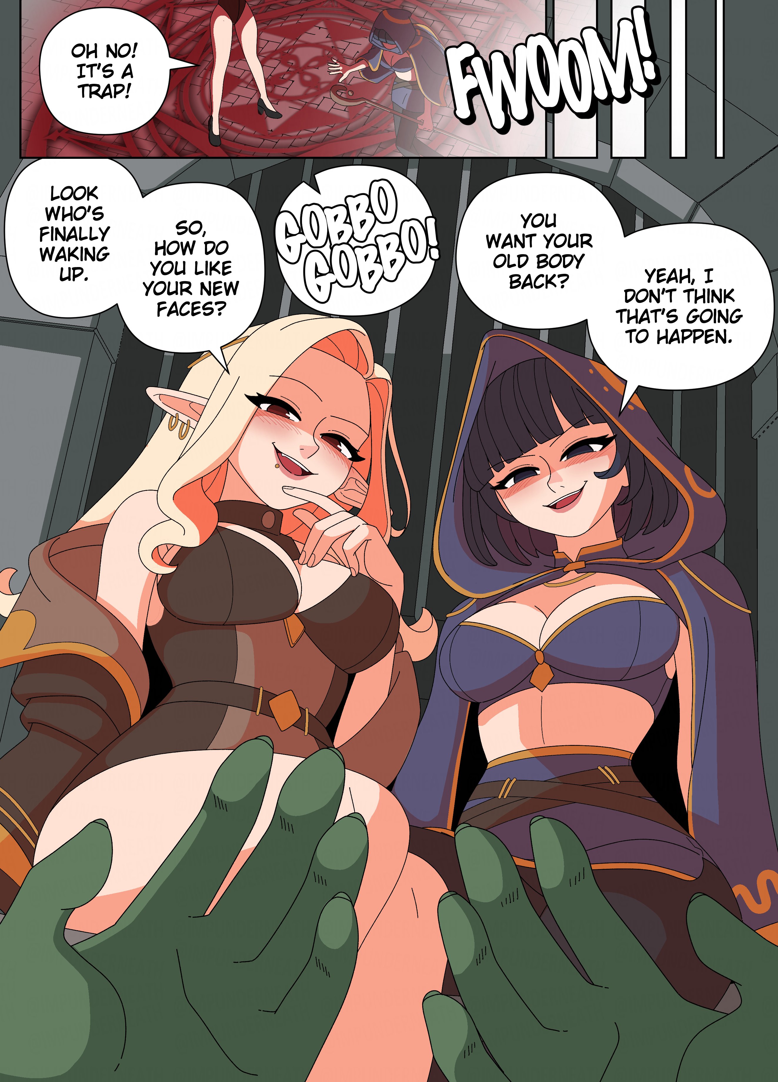 2girls, ass, body swap, breasts, comic, female, goblin, high heels, huge ass, huge breasts, impunderneath, large breasts, magic, revealing clothes, spell, wide hips, witch