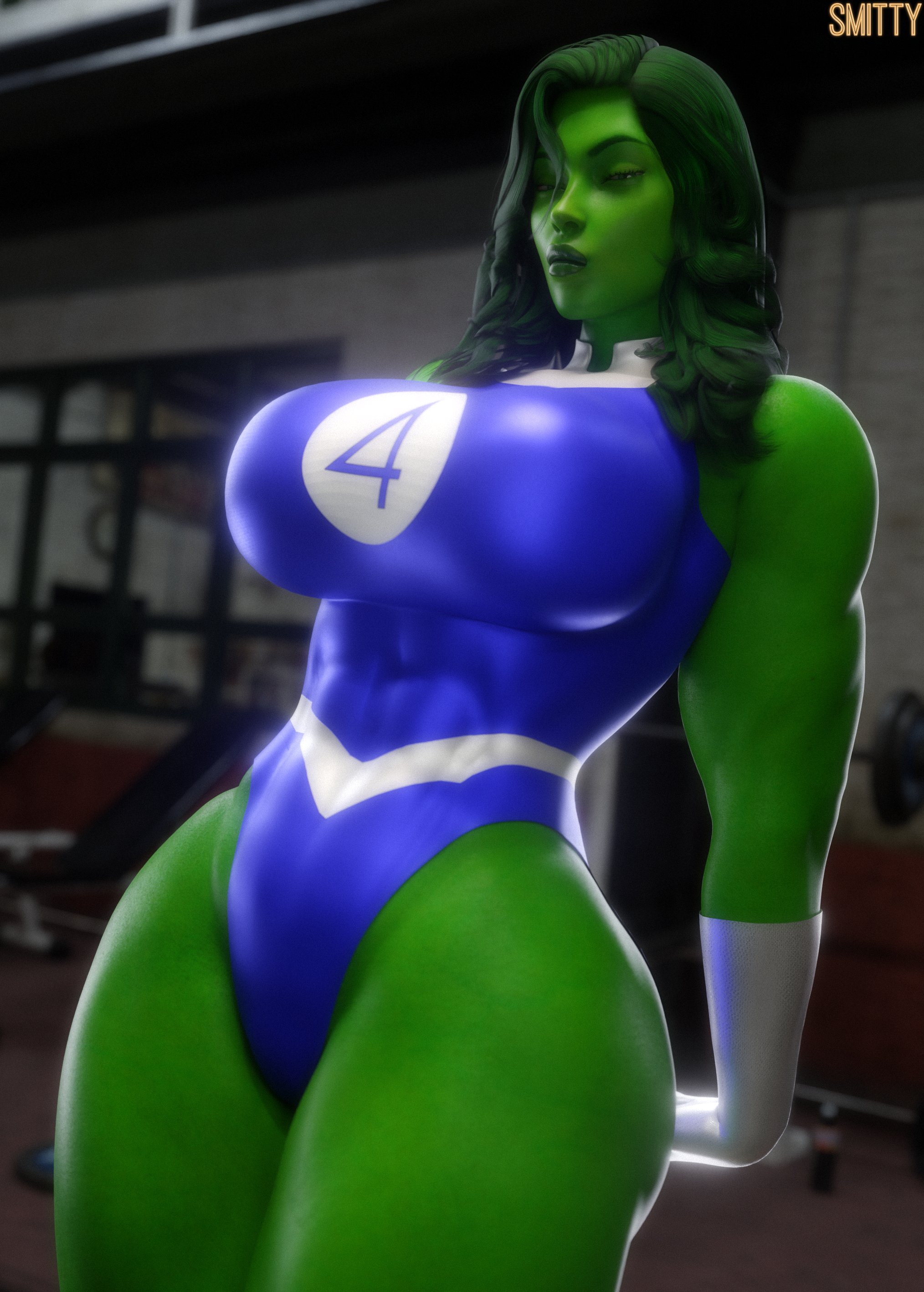 1girls, 3d, 3d (artwork), ass, big ass, big breasts, breasts, fantastic four, female, female only, green hair, green skin, huge breasts, hulk (series), large breasts, leotard, marvel, marvel comics, mature, mature body, mature female, mature figure, milf, mommy, muscle mommy, muscles, muscular, muscular abdomen, muscular abs, muscular arms, muscular biceps, muscular legs, muscular shoulders, muscular thighs, she-hulk, she-hulk (fantastic four), smitty34, solo, solo female, thick, thick ass, thick thighs, thighs, voluptuous, voluptuous female, wide hips, workout