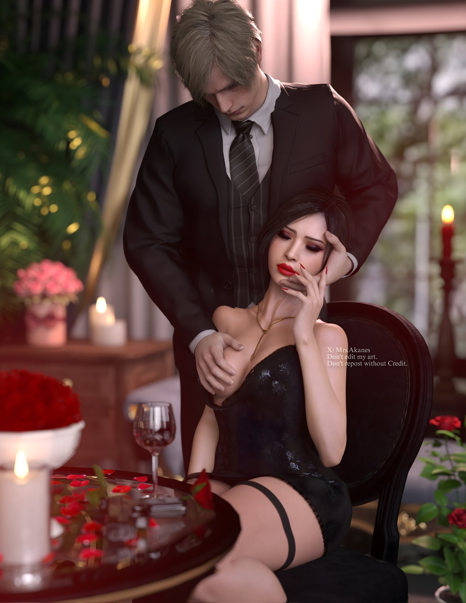 1boy, 1girls, 3d, 3d (artwork), 3d model, 3d render, ada wong, ada wong (adriana), artist name, black dress, black hair, blonde hair, breasts, candle, candlelight, dress, elegant, exposed breasts, eyeshadow, female, hand covering breasts, highres, holding face, jewelry, leon scott kennedy, leon scott kennedy (eduard badaluta), light skin, light-skinned male, makeup, male, mrs.akanes, necklace, painted nails, public, public nudity, red lipstick, red nails, resident evil, resident evil 4, resident evil 4 remake, restaurant, rose (flower), rose petals, short hair, suit, suit and tie, watermark, wine glass