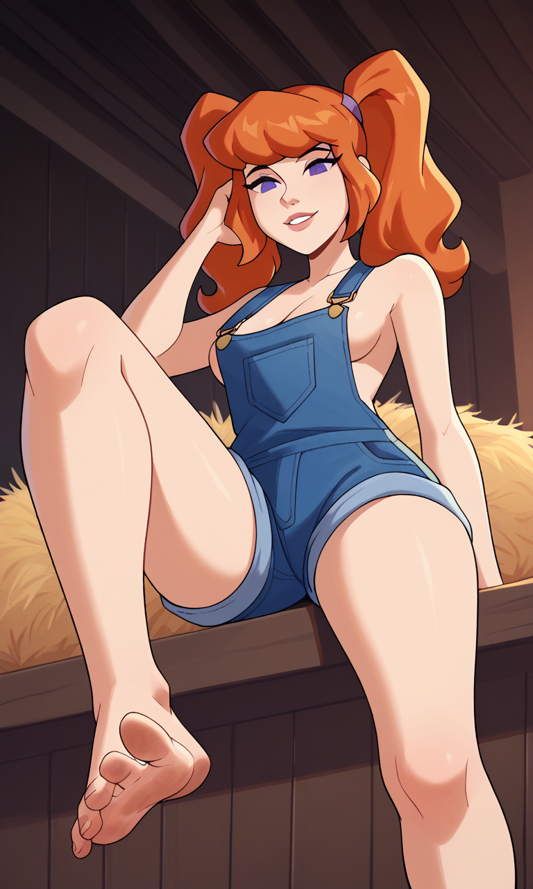 12175 ai_generated ass barefoot bigmic145 breasts cartoon_network cleavage country_girl daphne_blake daphne_blake_(mystery_incorporated) dirty dirty_feet foot_fetish mud muddy muddy_feet naked_overalls overalls red_hair scooby-doo scooby-doo!_mystery_incorporated sideboob soles toes twintails