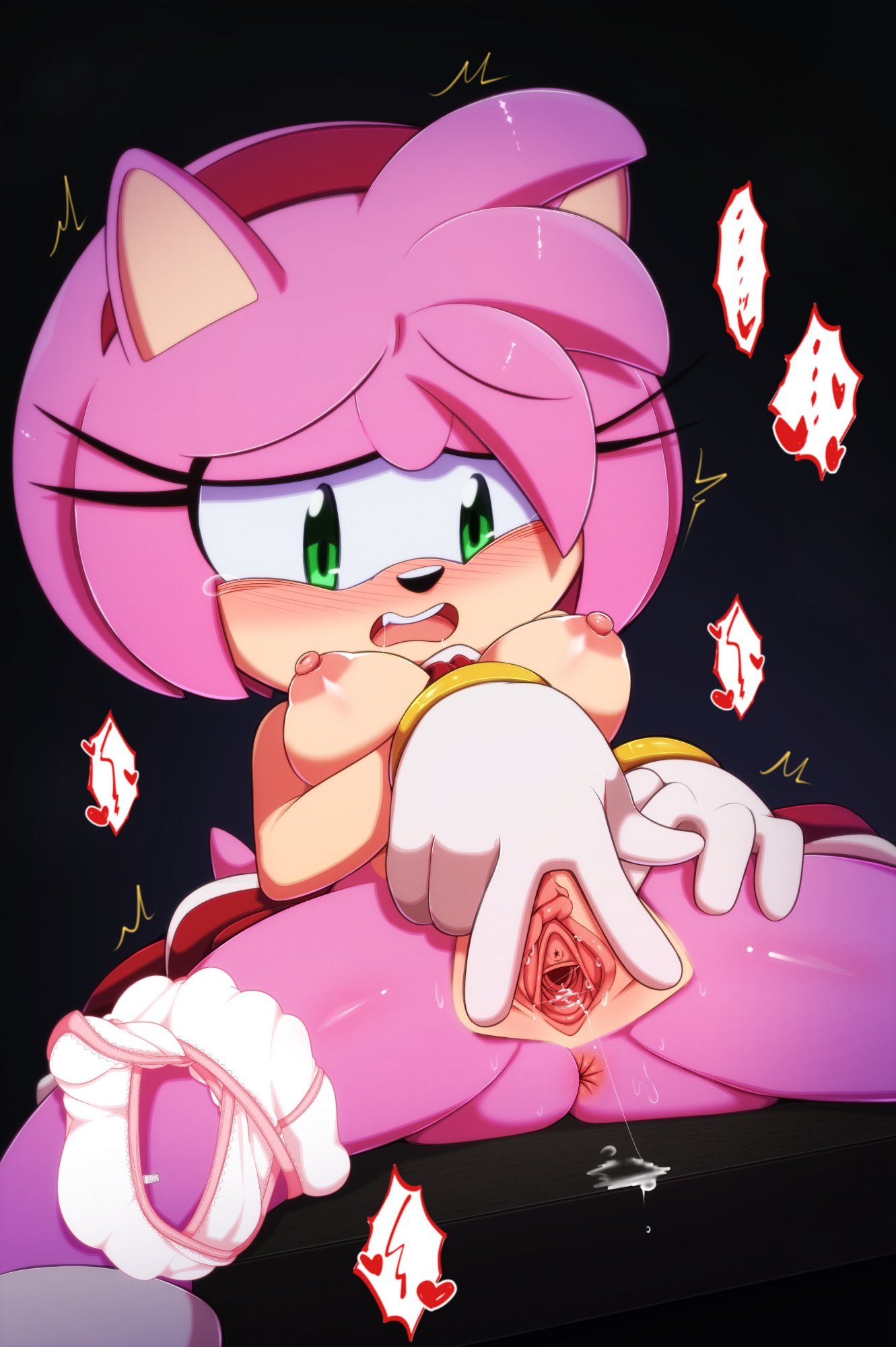 amy rose, anus, breasts, euf-dreamer, female, furry, green eyes, heat, hedgehog, masturbation, nipples, panties, panties around leg, pussy, solo, sonic (series), sonic the hedgehog (series), spread legs, spread pussy, spreading pussy, tears, trembling