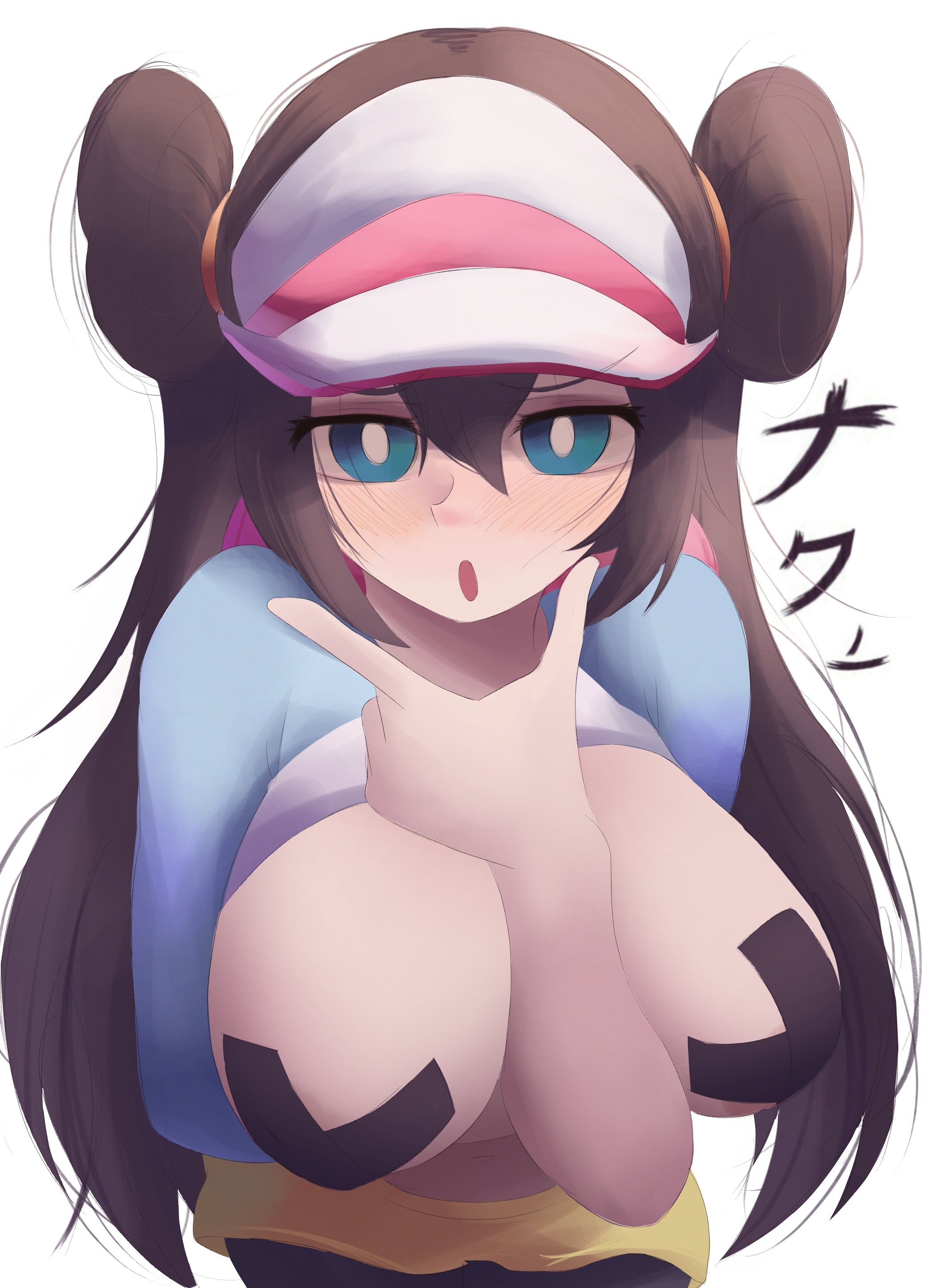 1girls, areolae, arm between breasts, blue eyes, blush, breasts, brown hair, cleavage, clothes, clothes lift, covered nipples, female, game freak, large breasts, long hair, naxless, nintendo, no bra, pasties, pokemon, pokemon bw2, pokemon masters, rosa (pokemon), shirt, shirt lift, simple background, skirt, solo, solo female, solo focus, twintails, visor, white background, yellow skirt