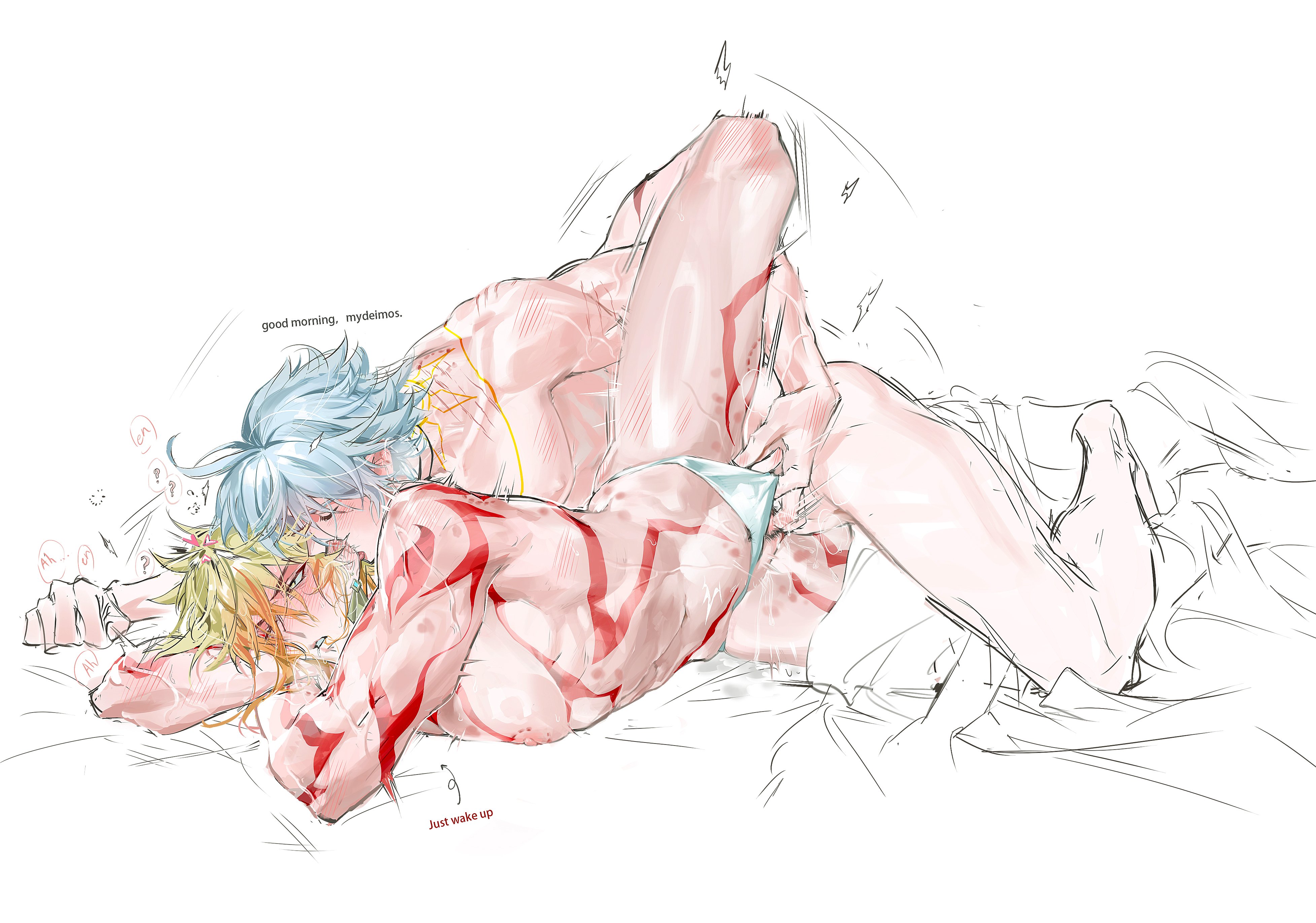 2boys, bent over, big nipples, bite mark, blonde hair, censored penis, cuntboy, fingering, flushed, from behind, gay, honkai: star rail, human, hunk, intersex, kissing, licking ear, male, male/cuntboy, moaning, morning sex, muscular, muscular cuntboy, muscular male, mydei (honkai: star rail), penis, phaidei (honkai: star rail), phainon (honkai: star rail), pleasure face, pussy, red tattoo, sleepy, swollen nipples, tattoo, unfinished, vagina, vaginal penetration, white background, white hair, white panties, yaoi