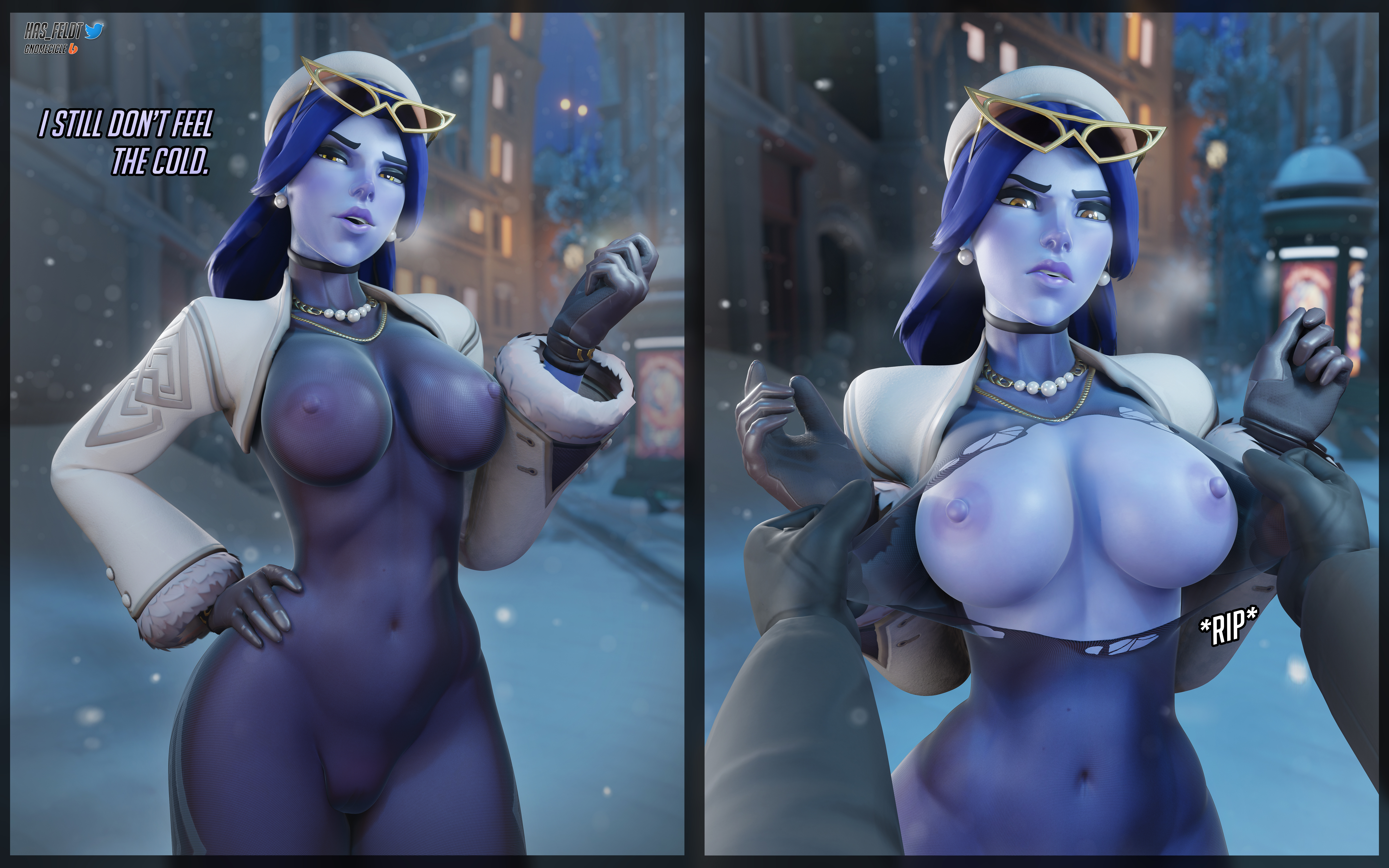 1boy, 1girls, 3d, black gloves, bodysuit, breasts, breasts out, female, fit female, full lips, gloves, hasfeldt, human, human female, large breasts, leather gloves, looking at viewer, navel, nipples, nipples visible through clothing, overwatch, overwatch 2, see-through, slim waist, thick thighs, tight, torn bodysuit, torn clothes, wide hips, widowmaker, winter, winter chic widowmaker