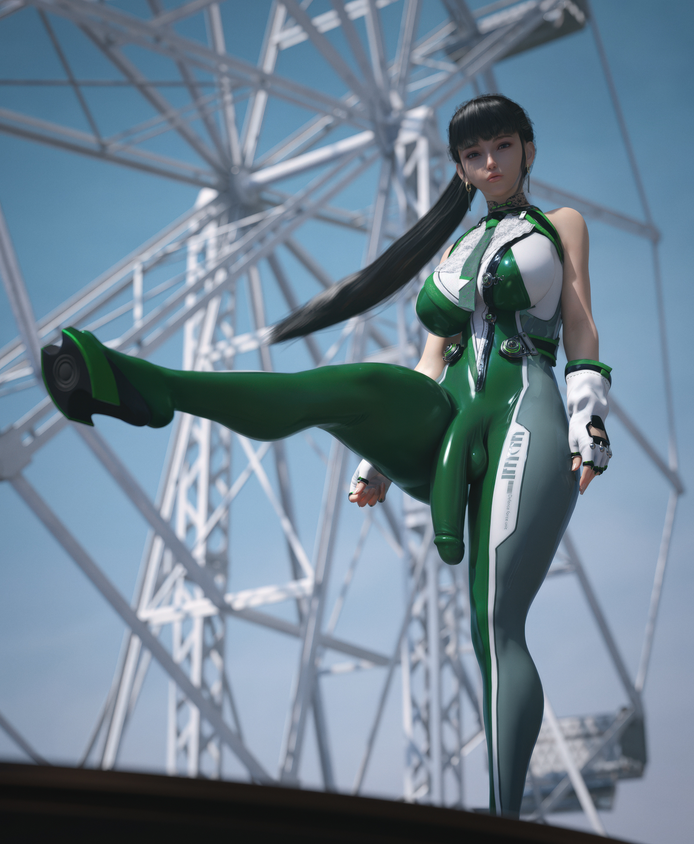 1futa, 3d, adapted costume, balls, big breasts, big penis, black hair, bodysuit, breasts, bulge, casual, clothed, clothing, condom suit, day, daytime, earrings, eve (stellar blade), flaccid, flaccid penis, futa only, futanari, green bodysuit, hanging balls, hanging penis, hi res, high quality, high resolution, highres, human, intersex, large breasts, latex cock, light skin, light-skinned futa, long hair, looking at viewer, low-angle view, one leg up, pale skin, penis, ponytail, solo, standing on one leg, stellar blade, stevencarson, testicles, video game, video game character, video games