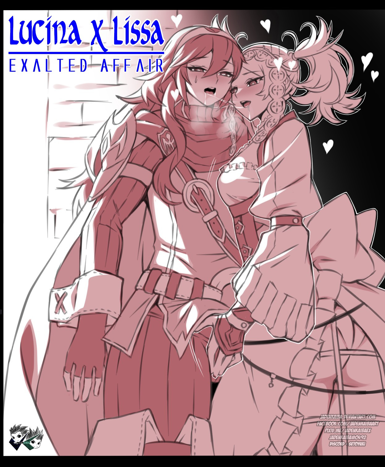 1futa, 1girls, aunt and niece, comic, comic cover, dialogue, duo, english text, female, fire emblem, fire emblem awakening, fully clothed, futa on female, futanari, futasub, grabbing, grabbing penis, heart, hearts around head, incest, intersex, jadenkaiba, lissa (fire emblem), lucina (fire emblem), monochrome, penis, saliva, saliva trail, text