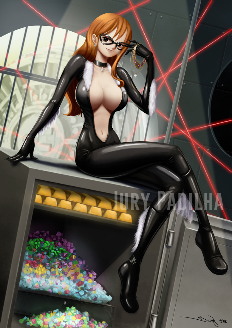 big_breasts black_cat_(cosplay) bodysuit chocker cleavage clothing crossed_legs drawing earrings eye_mask female female_only ginger ginger_hair highres holding_necklace holding_object hourglass_figure iury_padilha jewelry latex latex_bodysuit latex_boots latex_clothing long_hair mask masked masked_female nami_(one_piece) necklace one_piece orange_hair sitting_on_object smug stealing thief