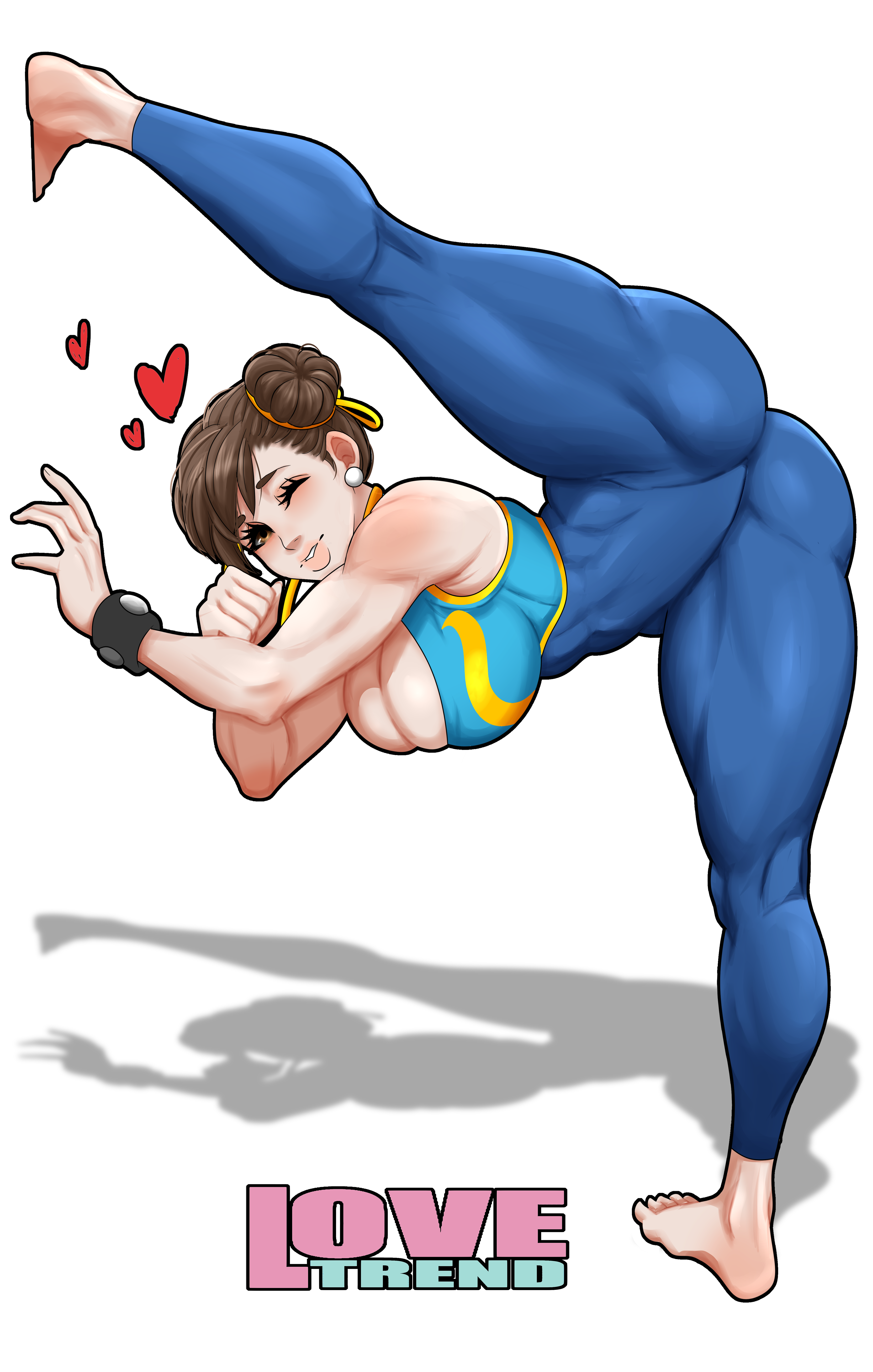 2d, ass, barefoot, big ass, big breasts, bodysuit, breasts, capcom, chun-li, crop top, female, full color, fully clothed, lovetrend01, no penetration, solo, solo female, street fighter, vertical splits