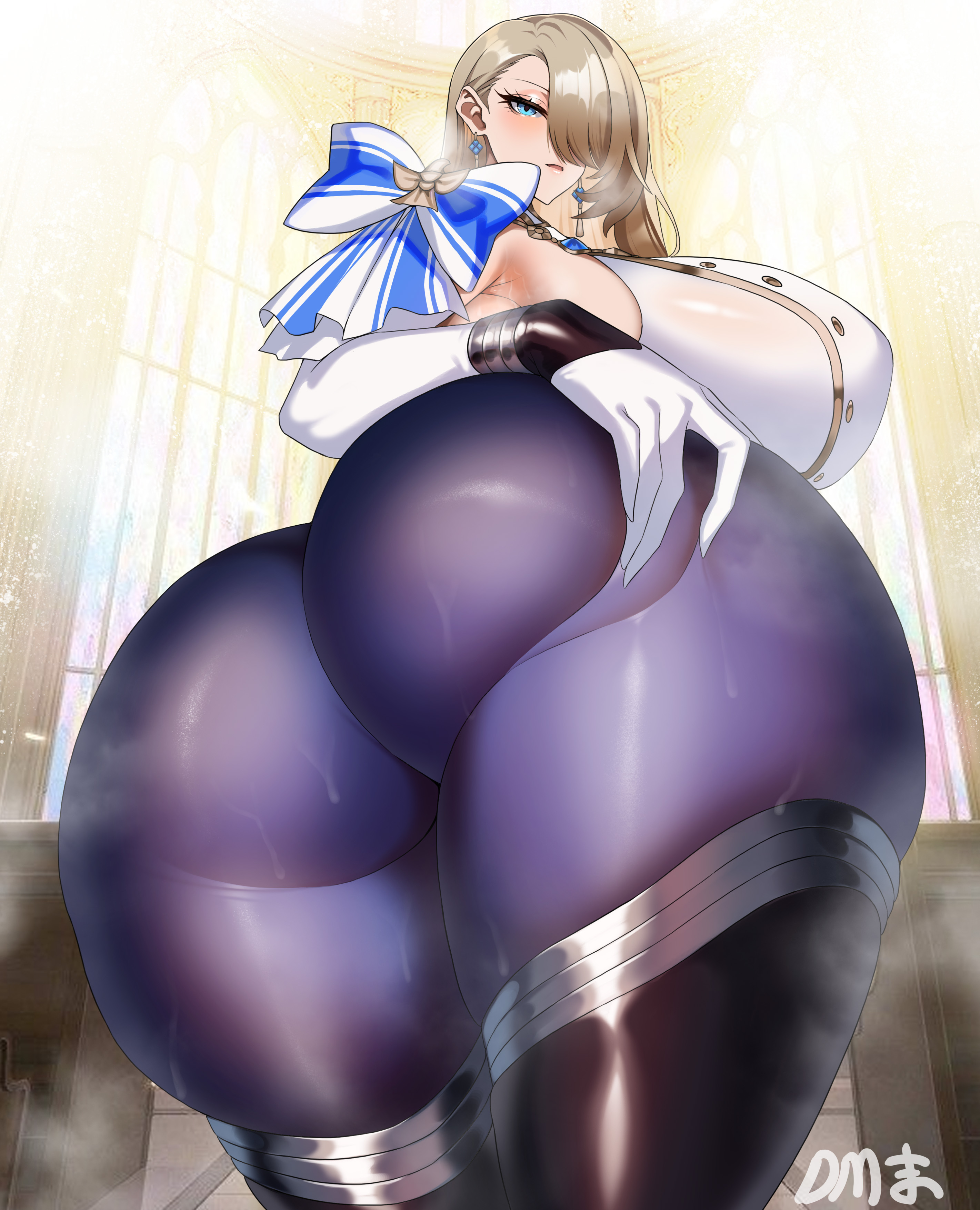 1girls, 2025, absurd res, absurdres, armpits, armwear, artist logo, ass, bangs, bangs over one eye, big ass, big breasts, blonde hair, blue eyes, boots, breasts, brown dust (series), brown dust 2, clothed, clothed female, clothing, dannyma (artist), dannymax, earrings, female, female only, gloves, grabbing ass, grabbing own ass, hand on ass, hand on butt, hi res, high heel boots, high resolution, highres, huge ass, huge breasts, latex, latex clothing, light skin, light-skinned female, long boots, long gloves, long hair, looking at viewer, looking back, low-angle view, ribbon, solo, standing, sweat, thick ass, thick thighs, very long hair, wide hips, wilhelmina (brown dust), wilhelmina stretch (meme)