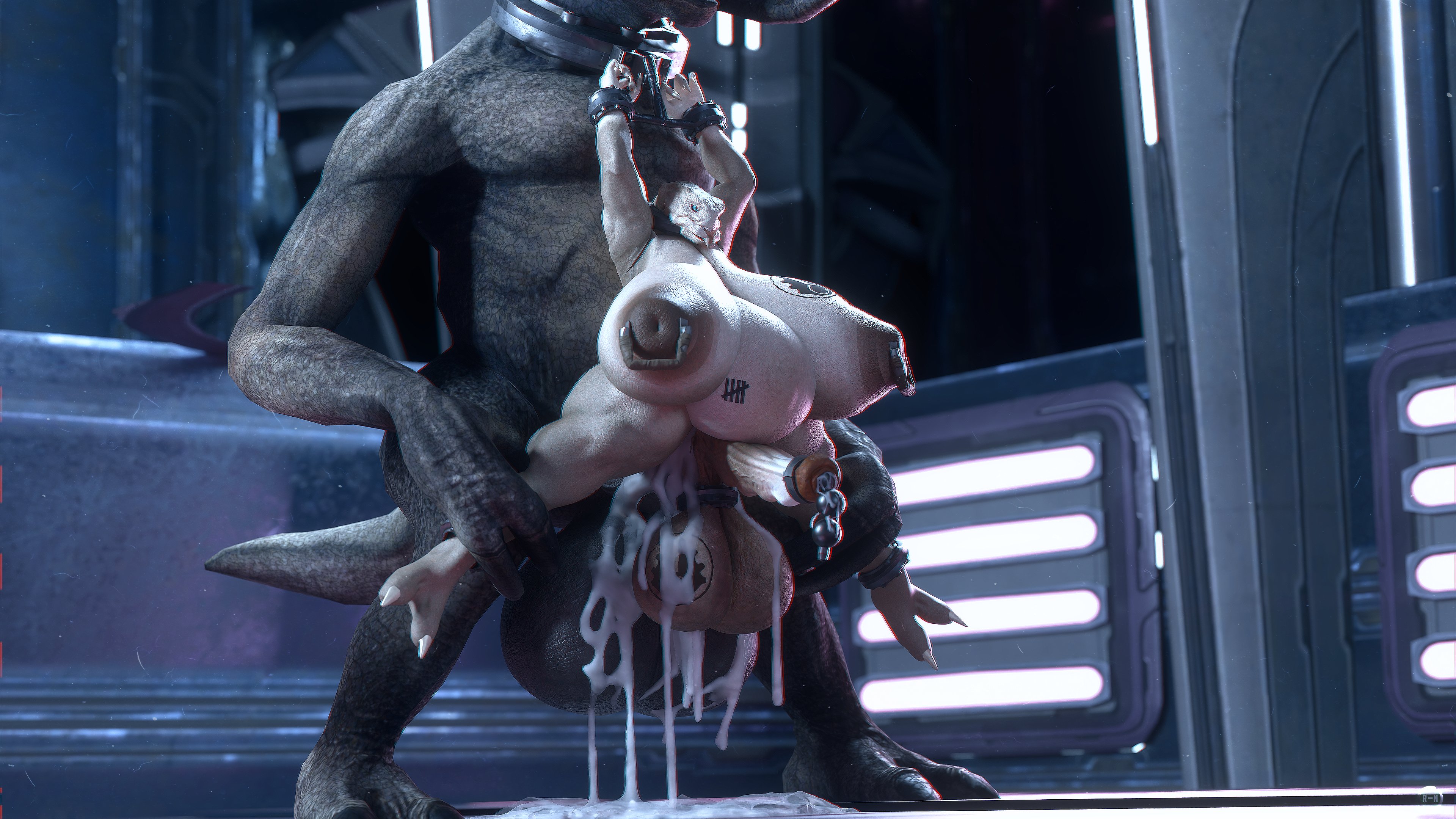 1boy, 1boy1futa, 1futa, 3d, anal, anal sex, ball ring, balls bigger than head, bloated belly, blue eyes, branded, brandedtattoo, branding mark, breast tattoo, breasts bigger than head, chained, chained wrists, cock ring, collar, cum, cum inside, cum on balls, cum on floor, cum overflow, dark areola, dark nipples, duo, ejaculation, erect while penetrated, filled belly, filled to the brim, full body, full of cum, futa focus, futanari, futasub, guta (halo), gynomorph, halo (series), huge balls, huge breasts, huge size difference, huge thighs, imminent orgasm, intersex, interspecies, large balls, large breasts, large thighs, larger male, legs held open, legs spread, light grey body, male, male on futa, male/futa, male/intersex, married, muscular legs, naked, nipple piercing, nude, nude female, nude male, orgasm, orgasm denial, pregnant futa, rape, restrained, restrained wrists, runn1non, sangheili, sex, sex slave, size difference, slave collar, smaller futa, standing, standing sex, tattoo on balls, thighs bigger than head, unseen male face, urethral beads, urethral insertion, wide hips