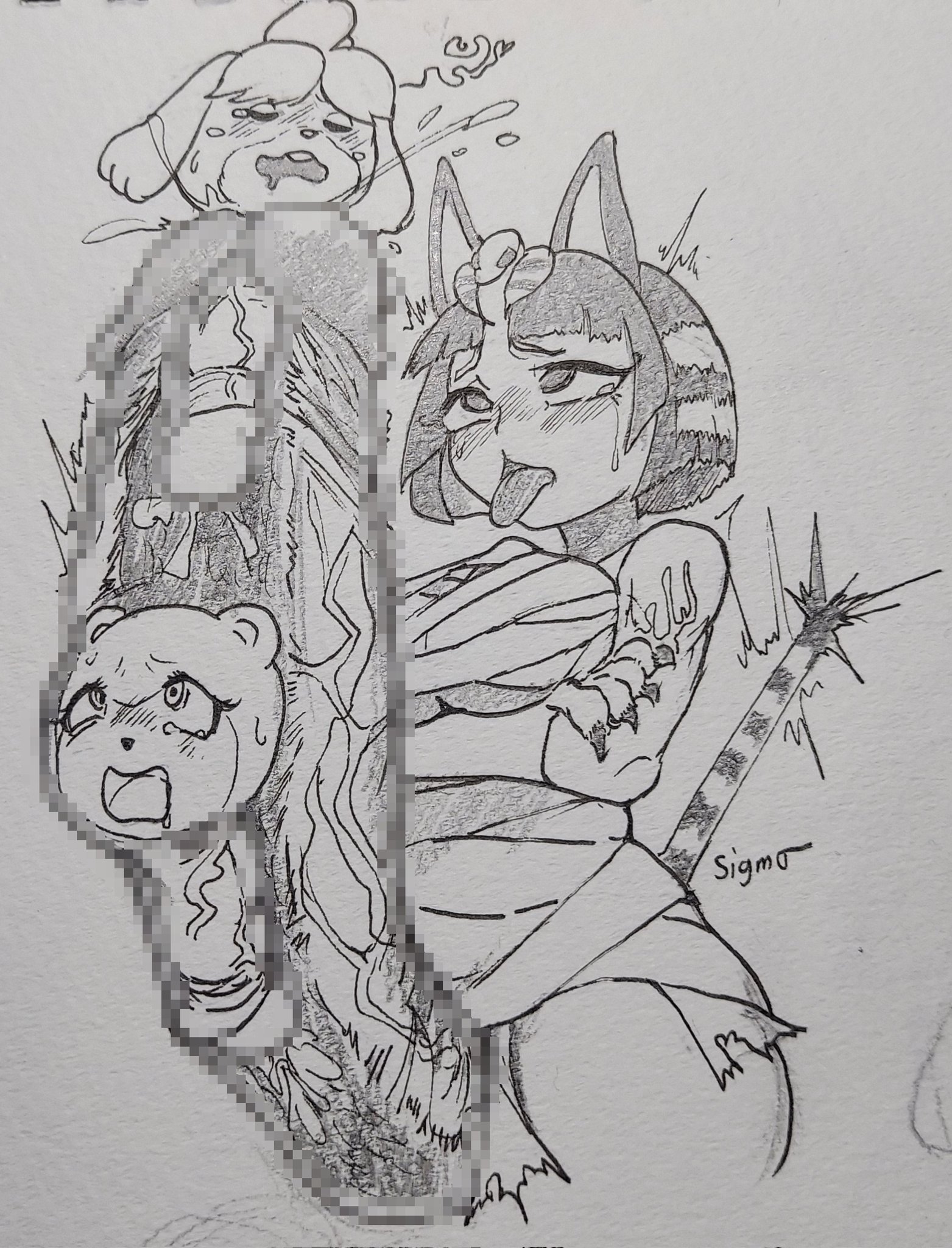 ahe gao, animal crossing, ankha, ankha (animal crossing), anthro, artist request, blush, censored, character request, cock vore, futanari, huge cock, intersex, isabelle (animal crossing), monochrome, monophallia, mosaic censoring, nightmare fuel, penis, penis neck, penis transformation, traditional media (artwork), transformation, unusual anatomy, unusual anatomy placement, unusual genitalia placement, unusual penis placement, urethra, urethral, urethral penetration, urethral vore, vore, what