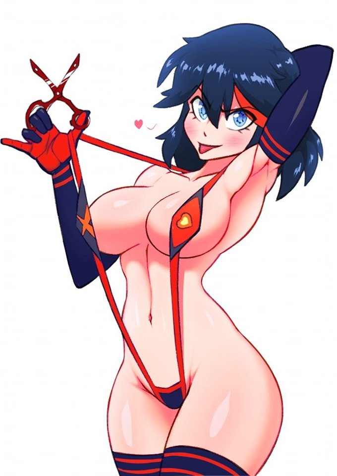 1female 1girls armpit artist_request big_breasts blue_eyes breasts curvy female female_focus female_only gloves kill_la_kill matoi_ryuuko scissors shiny_skin shiny_thighs straps