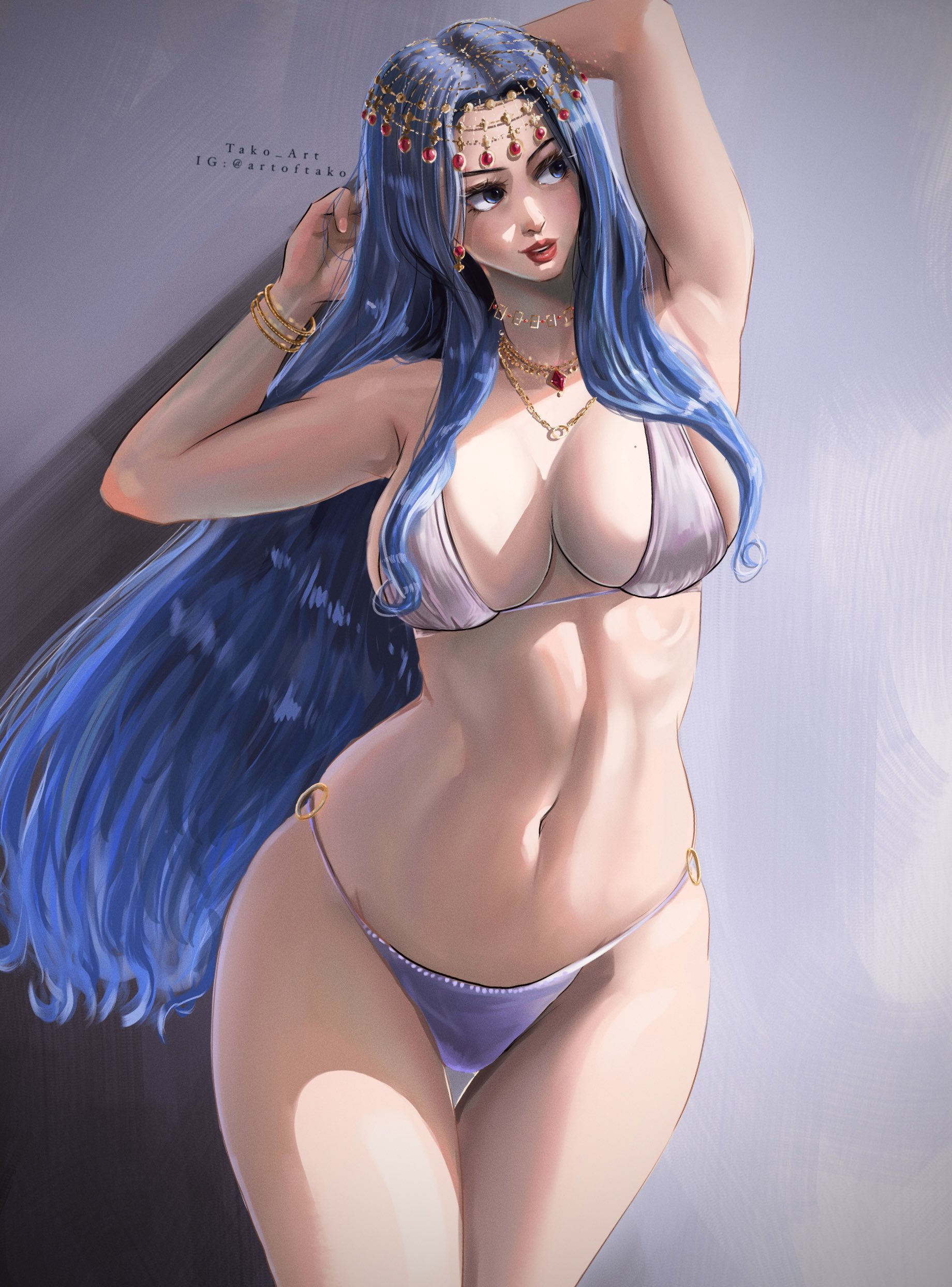 1girls, arms up, big breasts, bikini, bikini bottom, bikini top, blue eyes, blue hair, blue-haired female, bracelet, breasts, cleavage, clothing, earrings, female, female only, fit, fit female, headgear, highres, jewelry, long hair, necklace, nefertari vivi, one piece, posing, princess, red lipstick, simple background, tako art