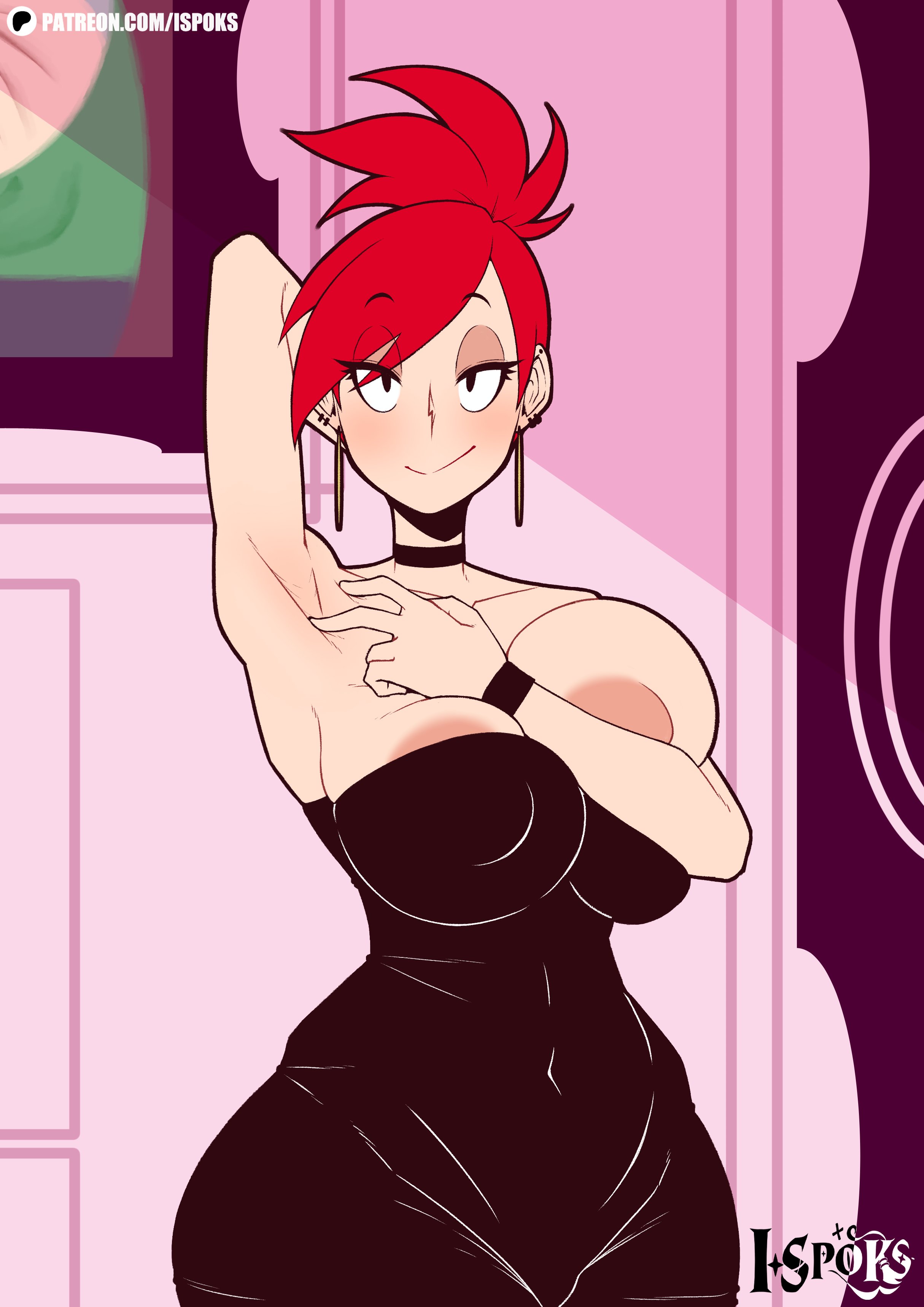 1girls, areola slip, areolae, armpit fetish, armpits, big breasts, black dress, black eyes, breasts, cleavage, dress, ear piercing, earrings, female, female only, foster's home for imaginary friends, frankie foster, hair, half-closed eyes, hand behind head, hoop earrings, huge breasts, ilustretsspoks, mature, mature female, neckwear, nipple bulge, red hair, short dress, smile, solo, solo female, tube dress
