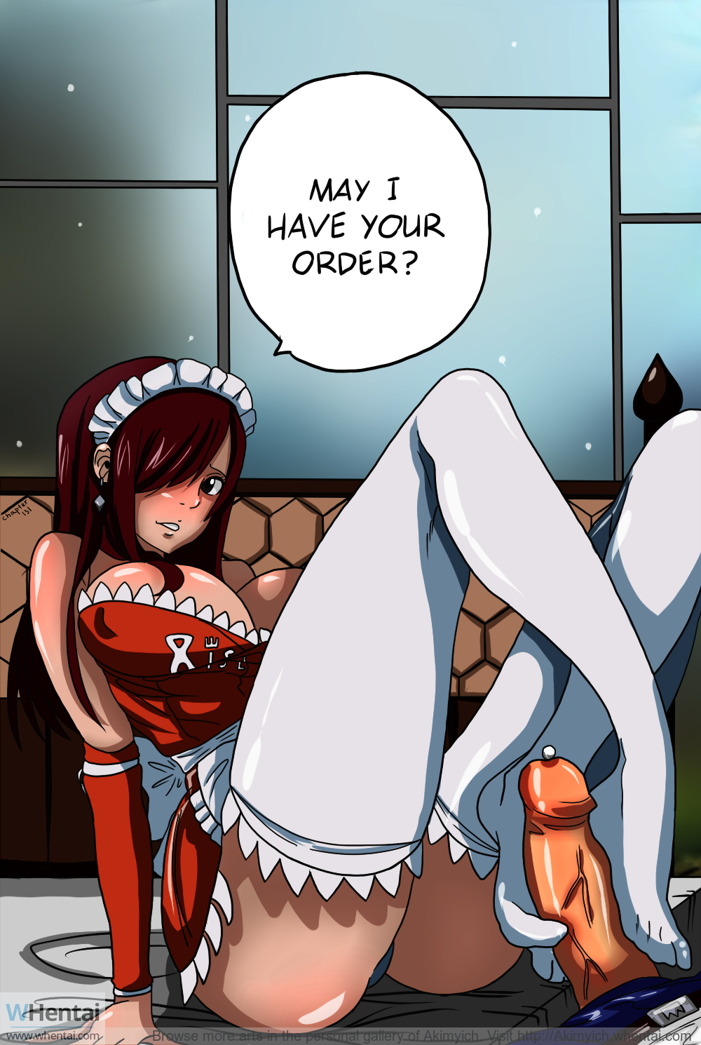 akimyich erza_scarlet fairy_tail footjob footjob_with_legwear pale_skin partial_male red_hair tagme whentai