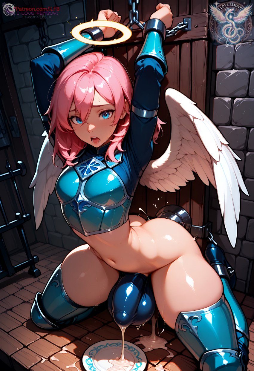 1boy, ai generated, angel, angel wings, balls, blue eyes, boots, bulge, bulge through clothing, cum, cum drip, cum in container, cum on body, cum on plate, cumming, femboy, flat chest, high resolution, highres, ilfb, looking at viewer, male, more at source, open mouth, original, original character, otoko no ko, pink hair, solo, testicles, tongue, trap, wing, wings, yaoi