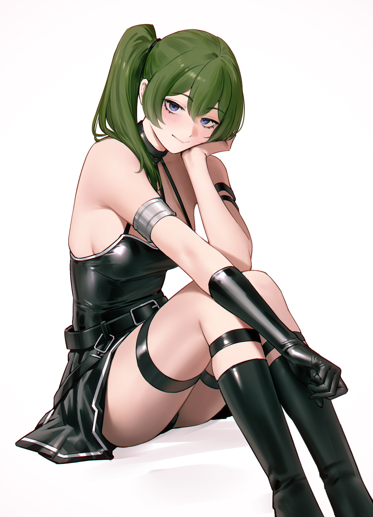 1girls, 95 (jiuwujiang), arm strap, bare shoulders, belt, black choker, black dress, black gloves, breasts, choker, dress, female, female only, gloves, green hair, hair between eyes, highres, long hair, looking at viewer, medium breasts, purple eyes, shiny clothes, side ponytail, simple background, smile, solo, sousou no frieren, thigh strap, ubel (sousou no frieren), white background