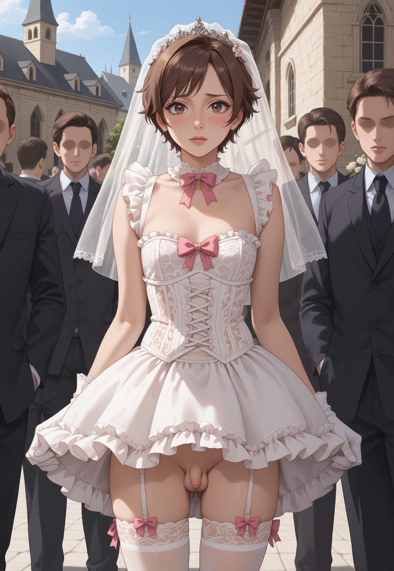 ai generated, bridal veil, bride, brown eyes, brown hair, germansissy, humiliation, light skin, light-skinned femboy, male, micropenis, penis, sissy, small penis, wedding dress, wedding veil