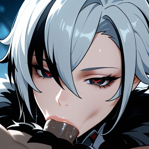 ai generated, arlecchino (genshin impact), artwork (digital), blowjob, dark skin, dark-skinned male, deepthroat, fatui, fatui harbinger, female, genshin impact, male, sexy