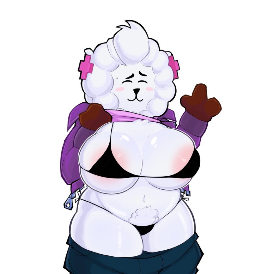 1girls, areola, ass, bibi (brawl stars), bibi rj (brawl stars), big ass, big breasts, bikini, brawl stars, breasts, covered nipples, edit, edited, female, furry, lifting shirt, navel, nipples, sheep, supercell, zelsxnn