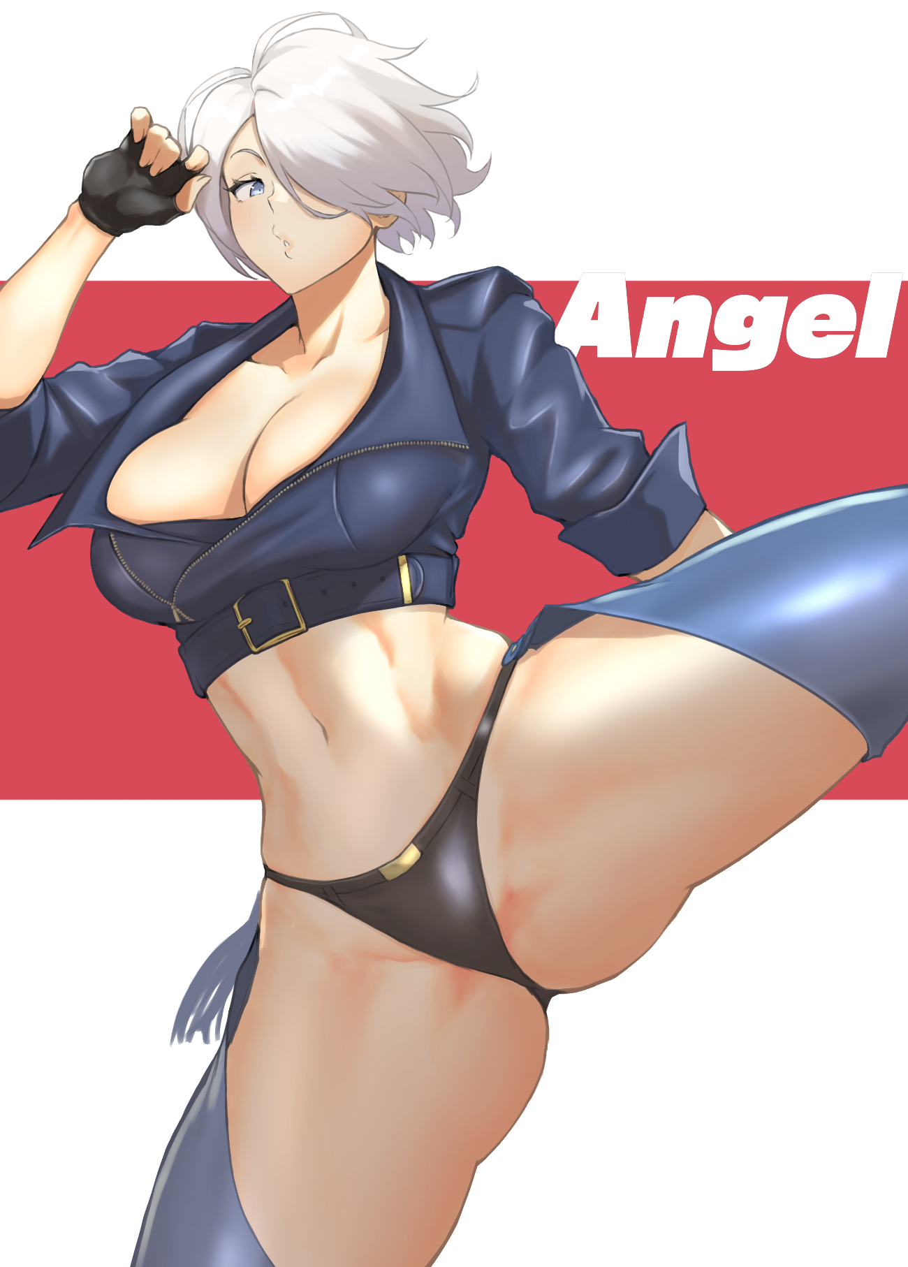 1girls, anagumasan, angel (kof), bad id, bad pixiv id, belt, belt buckle, big breasts, black gloves, blue eyes, breasts, chaps, character name, cleavage, collarbone, commentary, crop top, cropped jacket, female, fingerless gloves, fingernails, gloves, hair over one eye, highres, jacket, kicking, king of fighters, large breasts, leg up, lips, navel, panties, pussy, shiny clothes, short hair, simple background, sleeves rolled up, snk, stomach, the king of fighters, thighs, underwear, white hair, zipper