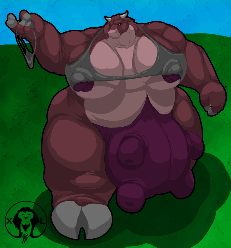 big_breasts big_nipples black_sclera bovine breasts cattle clothing cloven_hooves extreme_muscles female grass hooves horn horns huge_breasts hyper mammal nipple_slip nipples obese pose small_head smile solo teats thick_legs thick_neck thick_thighs udders ugly_female underwear xatanlion