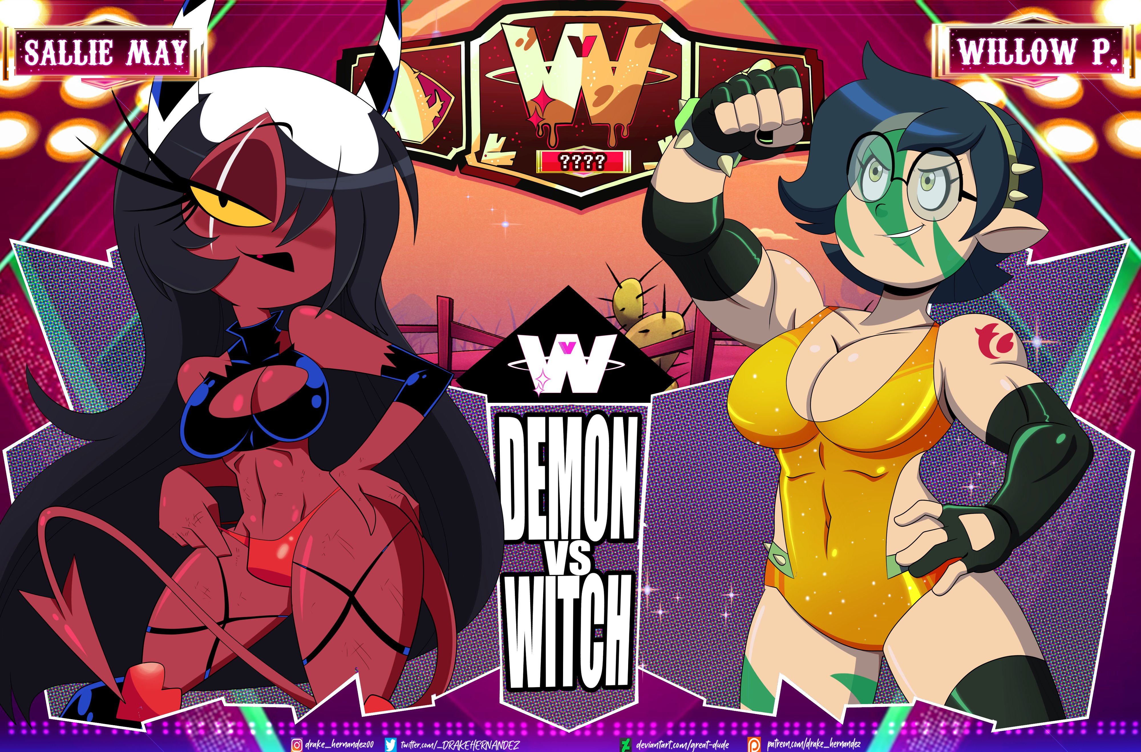 1futa, 1girls, ass, big ass, big breasts, black hair, breasts, championship belt, demon, demon girl, demon horns, demon tail, drakehernandez, facepaint, female, futa, futanari, great dude, helluva boss, intersex, muscular, muscular female, pointed ears, round glasses, sallie may (helluva boss), the owl house, the owl house (finale), title belt, trans woman, trans woman (lore), transfem, willow park, witch (the owl house), wrestling, wrestling belt