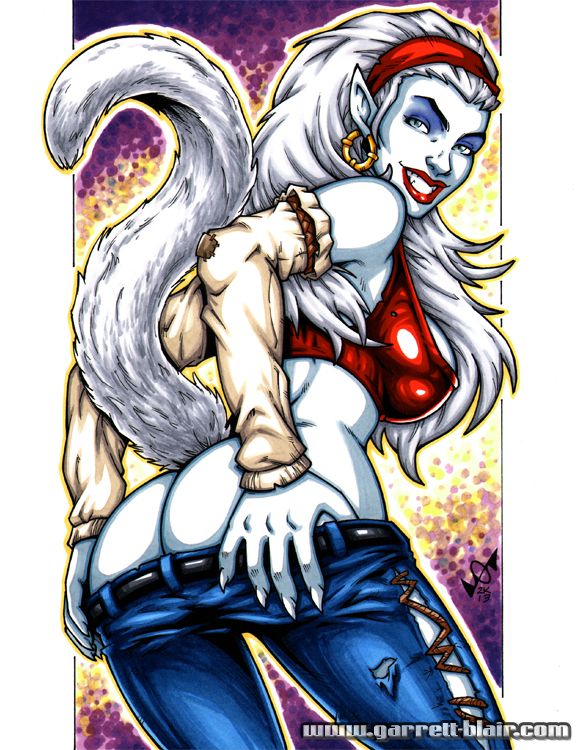 1girls ass big_ass breasts dat_ass female female_only garrett_blair hepzibah_(x-men) lipstick long_hair looking_at_viewer marvel marvel_comics pants_down smile solo starjammers tail undressing white_hair white_skin x-men