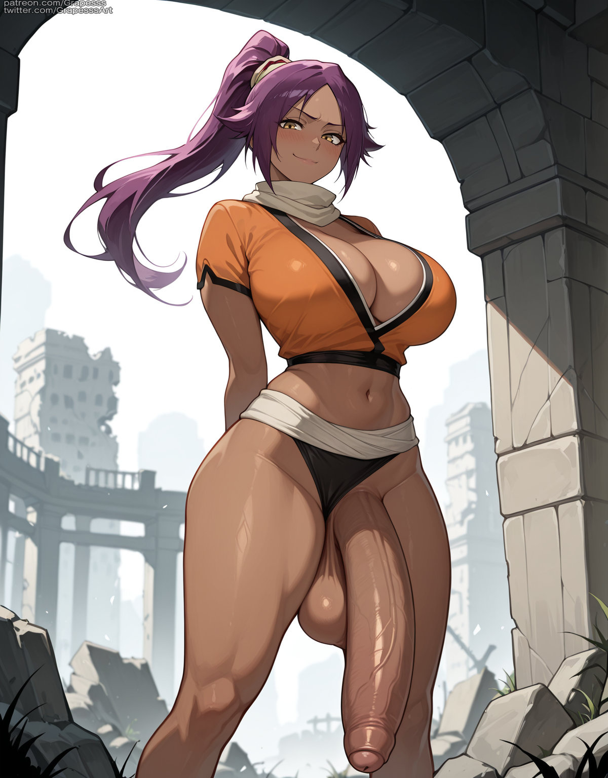 1futa, ai generated, bleach, dark skin, dark-skinned futa, futa only, futanari, grapesss, intersex, penis, shihouin yoruichi, solo futa