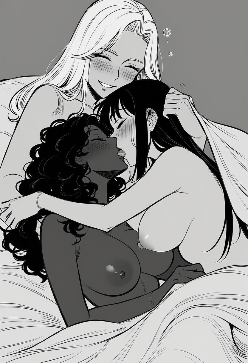 3girls, ai generated, big breasts, black and white, breasts, charv, cuckquean, female, grabbing head, interracial, kissing, monochrome, on bed, smile, threesome, tongue kiss, under sheets, yuri