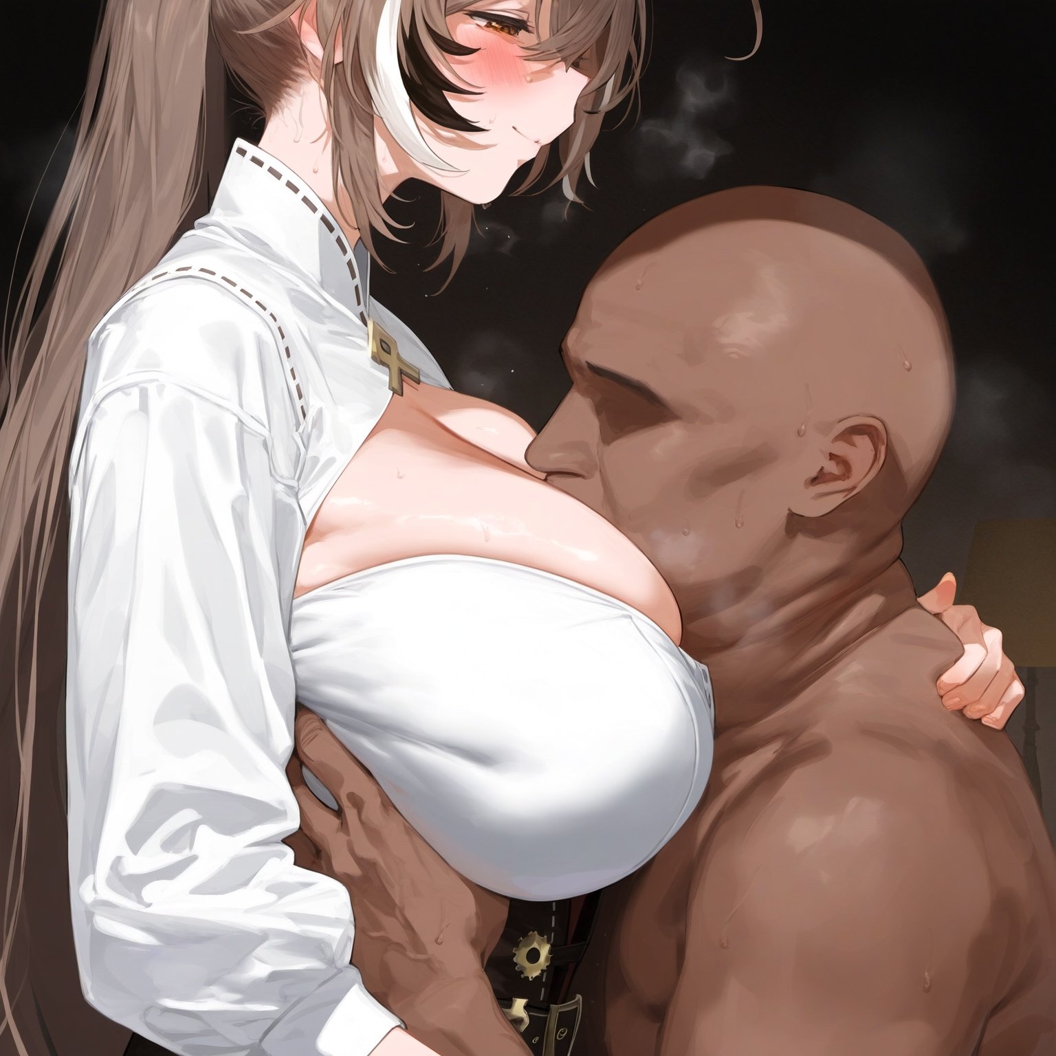 1boy, 1girls, ai generated, big breasts, big honkers, blush, blushing, breasts, clothed female nude male, face in breasts, fat man, female, hololive, hololive english, hololive english -council-, hololive english -promise-, long brown hair, male, motorboating, nanashi mumei, older man and younger woman, ponytail, ponytail female, smile, smiling, smiling at partner, steamy breath, virtual youtuber, vtuber