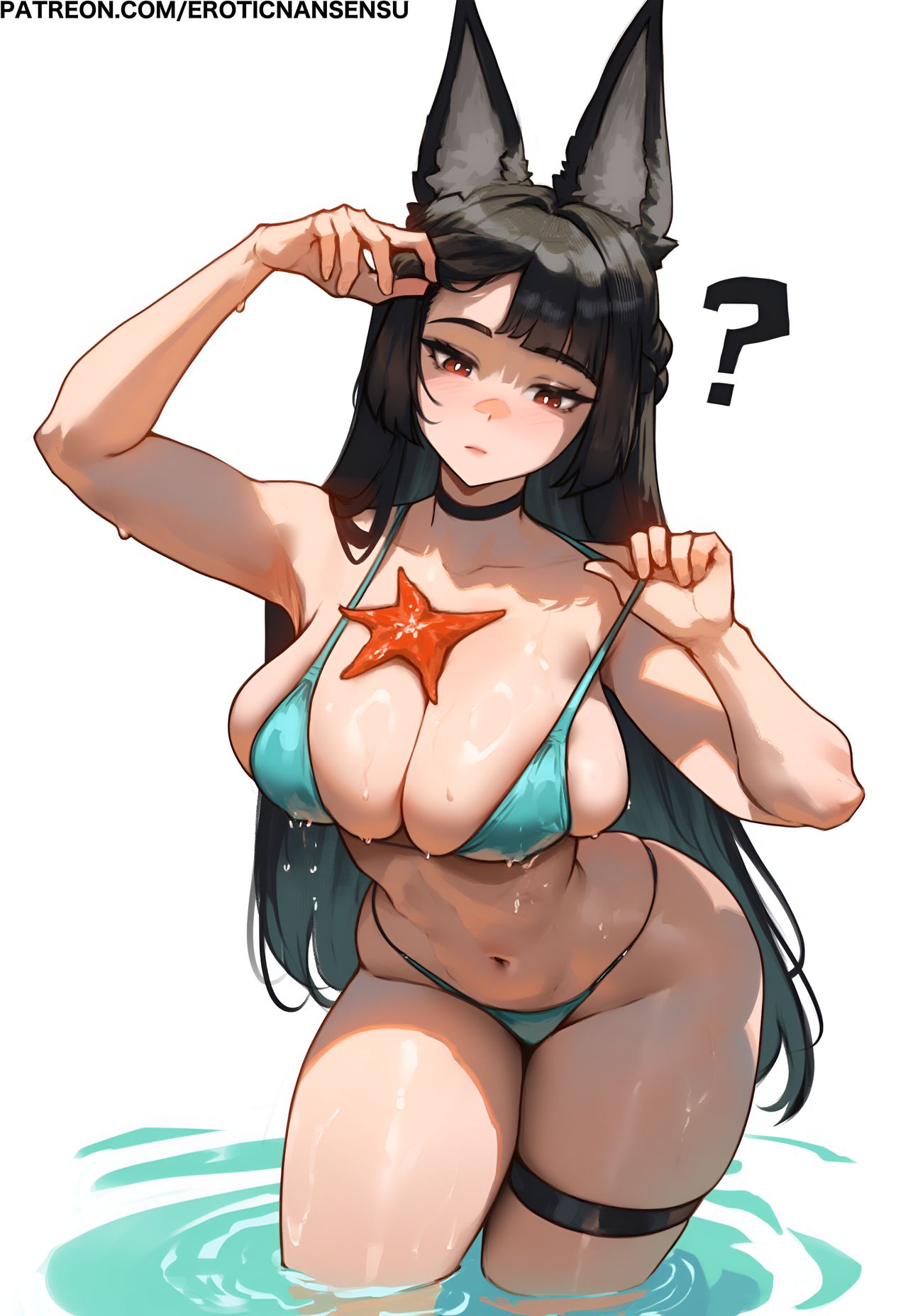 1girls, 2d, 2d (artwork), ai assisted, ai generated, animal ears, artist name, bikini, black hair, blunt bangs, breasts, color, digital drawing (artwork), erotic nansensu, female, female focus, female only, hollow special operations section 6, hoshimi miyabi, large breasts, light skin, light-skinned female, looking down, patreon username, question mark, red eyes, simple background, solo, starfish, straight hair, swimsuit, thick thighs, thigh strap, thighs, thiren, watermark, white background, wide hips, zenless zone zero