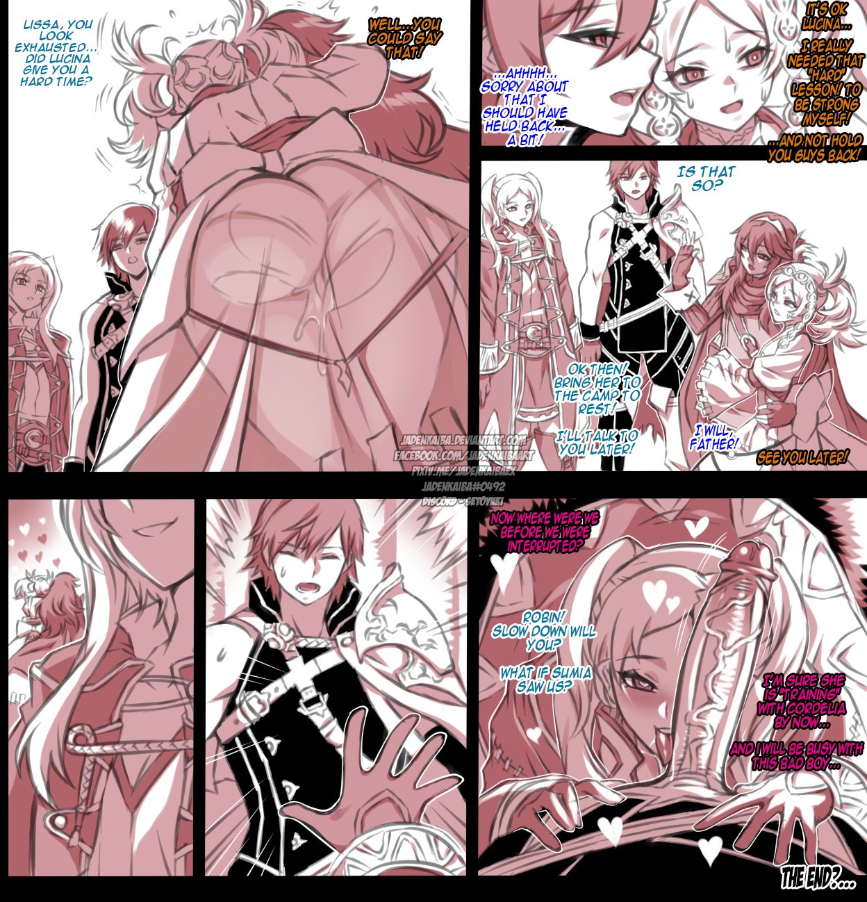 aunt and niece, chrom (fire emblem), comic, comic page, dialogue, female, fire emblem, fire emblem awakening, fully clothed, functionally nude, futa on female, futanari, heart, hearts around head, incest, intersex, jadenkaiba, kissing, leaking cum, lissa (fire emblem), lucina (fire emblem), male, onomatopoeia, penis, penis on face, pulling down pants, robin (fire emblem), robin (fire emblem) (female), saliva, saliva trail