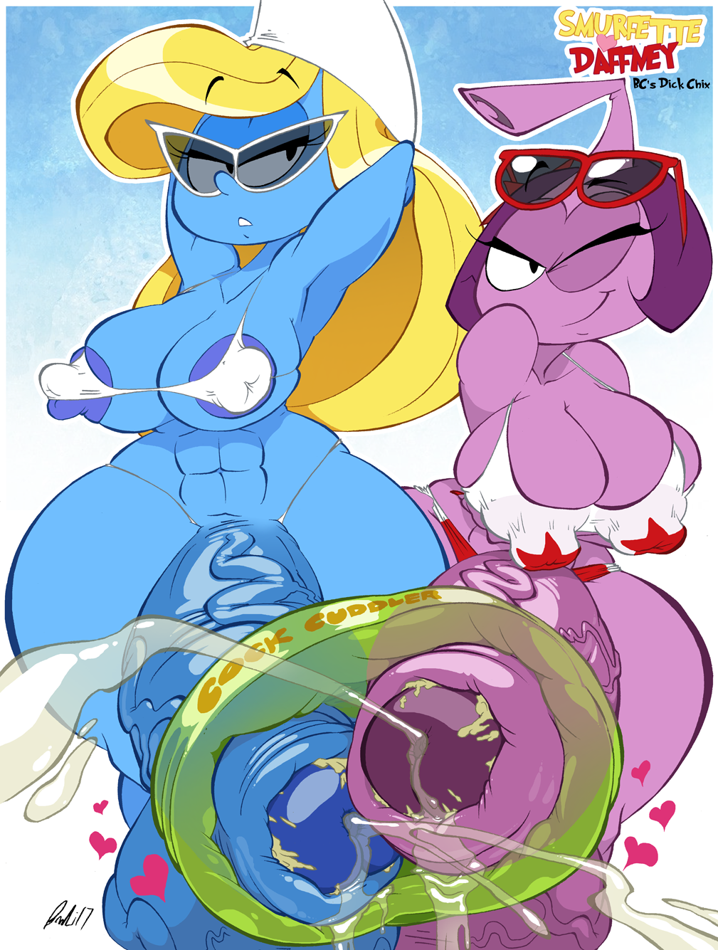2futanari armpits arms_behind_head babes big_areola bikini_bottom bikini_top blonde_hair blonde_hair_futa blue_skin breasts brendancorris cock_ring cum daffney_gillfin eyewear_on_head futanari heart huge_cock hyper_balls hyper_penis intersex no_panties penis smegma_in_foreskin smurfette smurfs snork snorkel snorks sunglasses the_smurfs toy veiny_balls veiny_penis wink winking_at_viewer