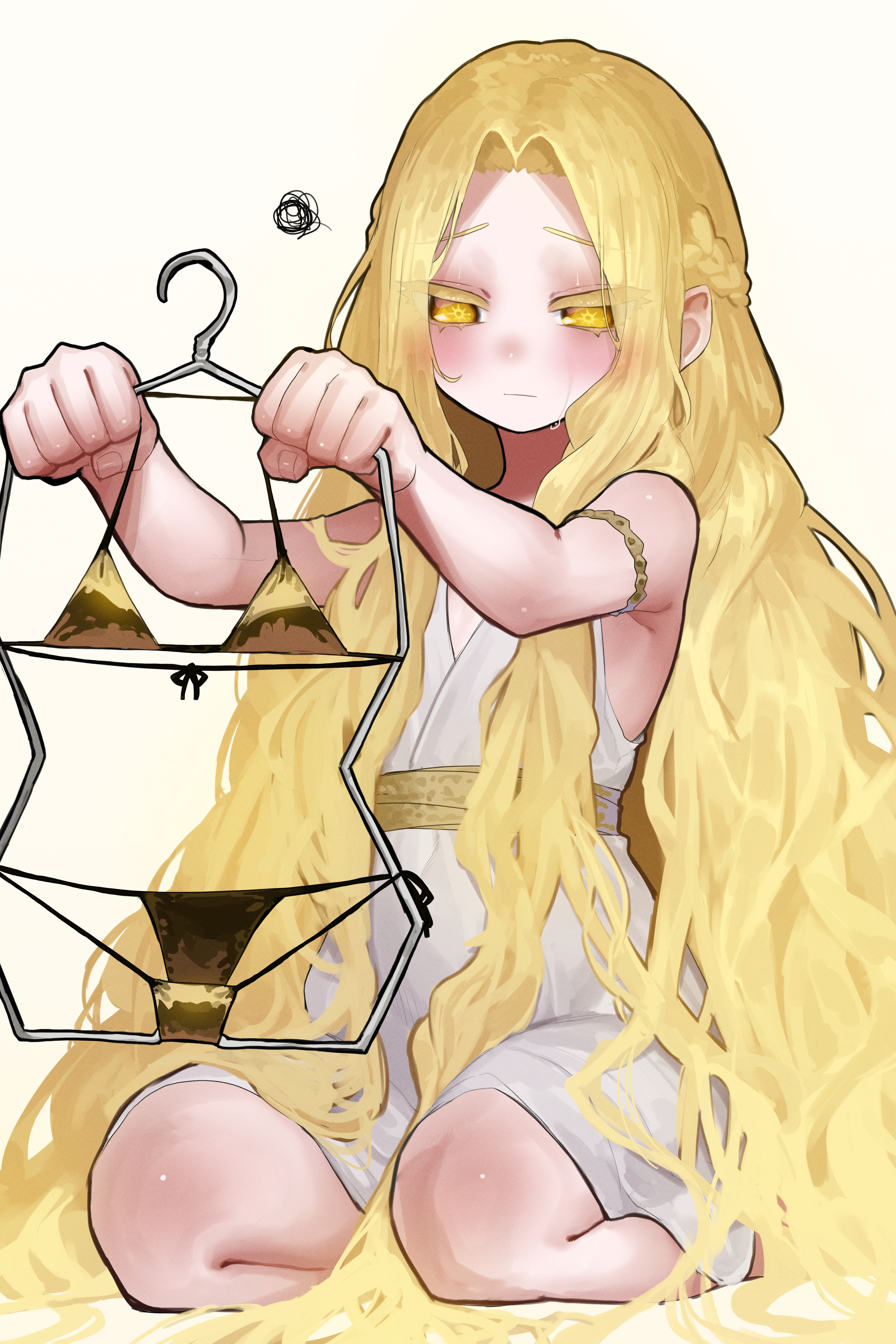 1boy, absurd res, blonde hair, braid, clothes hanger, colored eyelashes, dress, ekrea jan, elden ring, embarrassed, femboy, fromsoftware, gold eyes, golden bikini, hi res, male, male only, miquella, miquella (elden ring), shadow of the erdtree, sweat, sweating, trap, very long hair, white dress