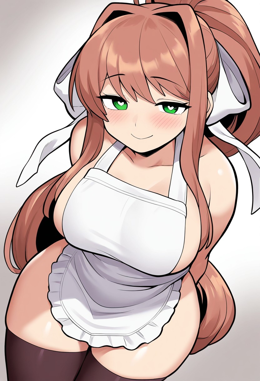 1girls, ai generated, arms behind back, black thighhighs, blush, breasts, coral brown hair, covered nipples, covered pussy, curvy body, curvy female, doki doki literature club, emerald green eyes, female, female only, green eyes, half-closed eyes, happy, happy female, heart-shaped pupils, high ponytail, large breasts, looking at viewer, monika (doki doki literature club), pixai, ponytail, pussy, seductive smile, semi nude, simple background, solo, very long hair, waiting, white apron, white background, white ribbon