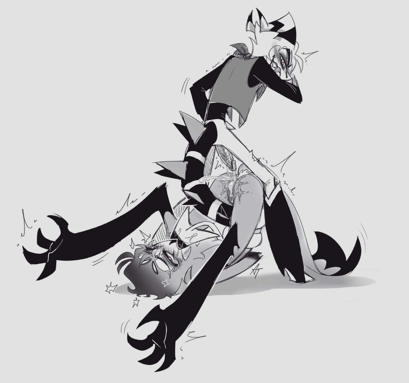 avian, biting, biting tail, blush, blush lines, bondage, cum, cum in cloaca, cum inside, demon, digitigrade, dubious consent, evil grin, evil smile, gay, heeled boots, helluva boss, high heels, imp, male, male only, male/male, piledriver, piledriver position, reptile humanoid, restrained, reverse piledriver position, rolled back eyes, rolling eyes, spicybud, stolas (helluva boss), striker (helluva boss), tail, talons, tied, tied arms, twitching, yaoi
