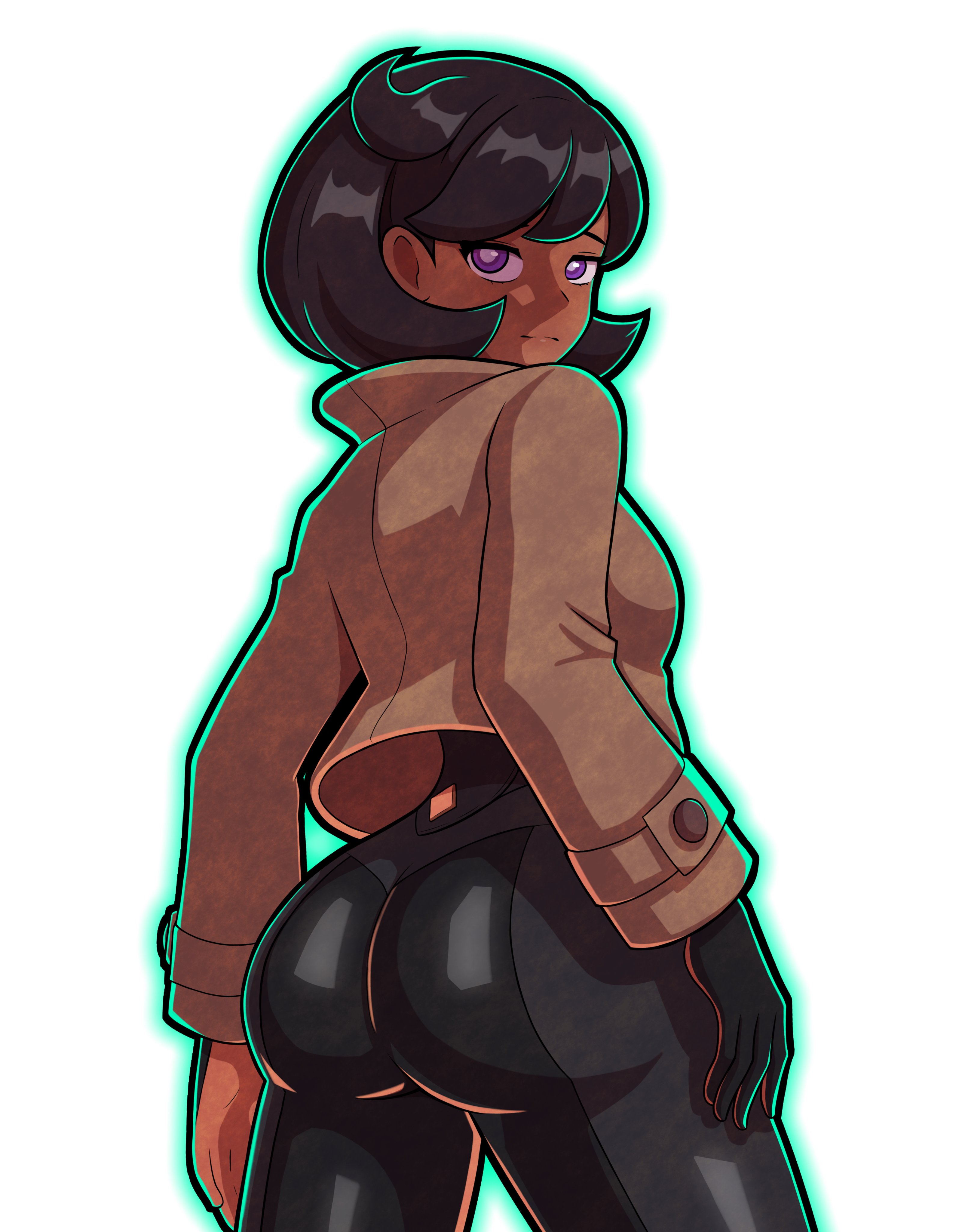 1girls, 2025, 2d, 2d (artwork), ass, aura, bodysuit, bubble butt, coat, dark skin, dark-skinned female, emma (pokemon), female, female focus, female only, human, human only, jacket, kuribabylon, large ass, looking at viewer, looking back, matiere (pokemon legends: z-a), matiere (pokemon), nintendo, pokemon, pokemon legends: z-a, purple eyes, questionable, sfw, short hair, solo, solo female, thick thighs, thighs, tight clothing, tomboyish, wide hips