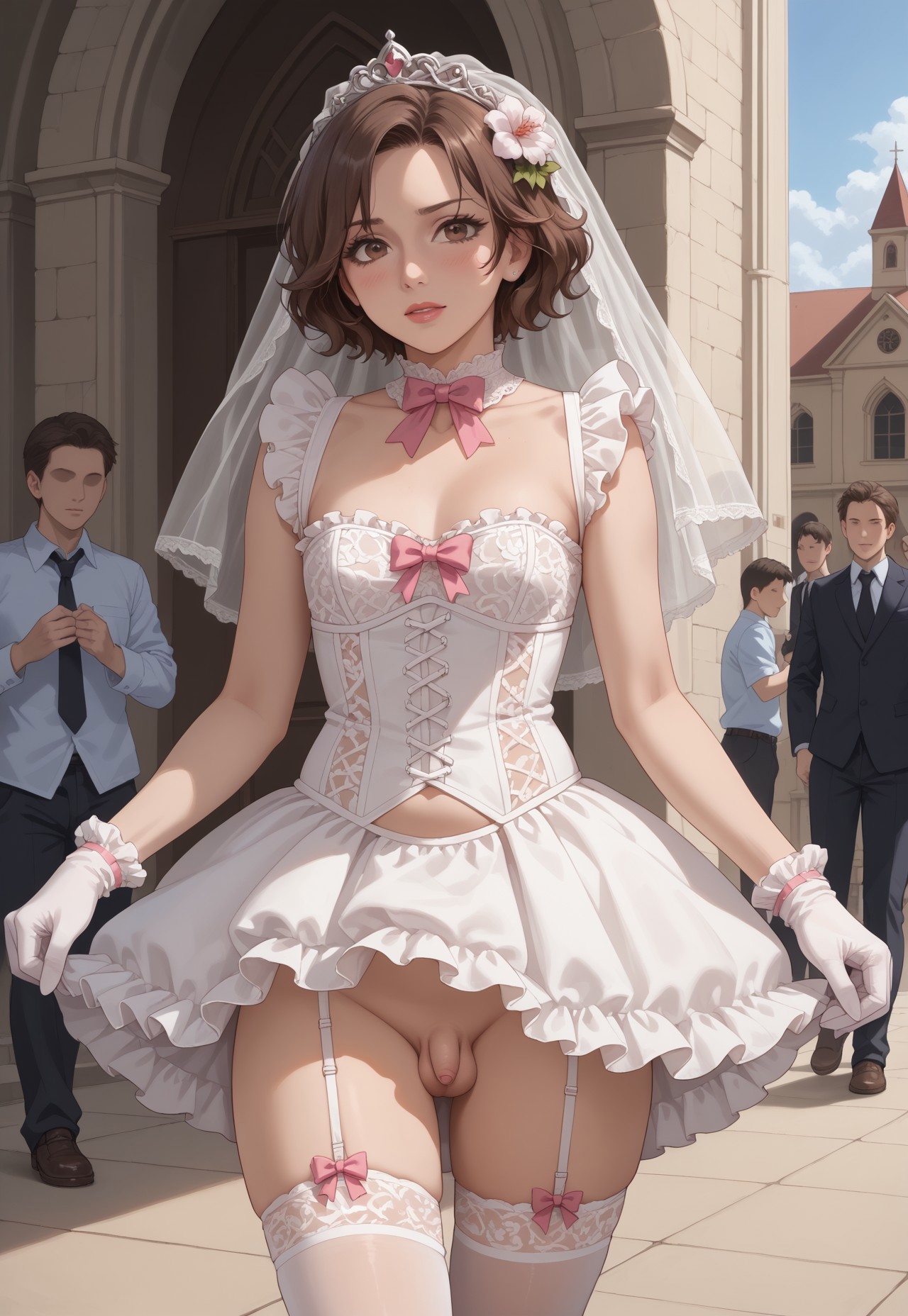 ai generated, bridal veil, bride, brown eyes, brown hair, germansissy, humiliation, light skin, light-skinned femboy, male, micropenis, penis, sissy, small penis, wedding dress, wedding veil