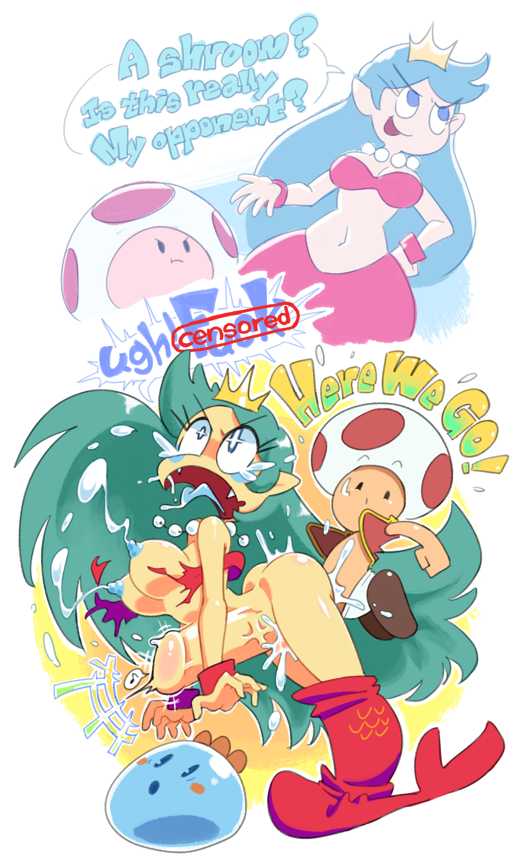 1boy, 1girls, ambiguous penetration, blue nipples, bodily fluids, bouncing breasts, breasts, bulge, costume, crying, crying with eyes open, defeated, dialogue, dubious consent, english text, female, huge cock, humor, instant loss 2koma, lactation, lactation without expressing, large penis, mad (wario's woods), male, male penetrating, mario (series), merfolk, mermaid, milk, minus8, nintendo, nipples, pain, penis, ripped clothing, sex, small but hung, small dom big sub, smaller male, spud (wario's woods), stomach bulge, straight, tagme, tears, toad (mario), torn clothes, wario (series), wario's woods