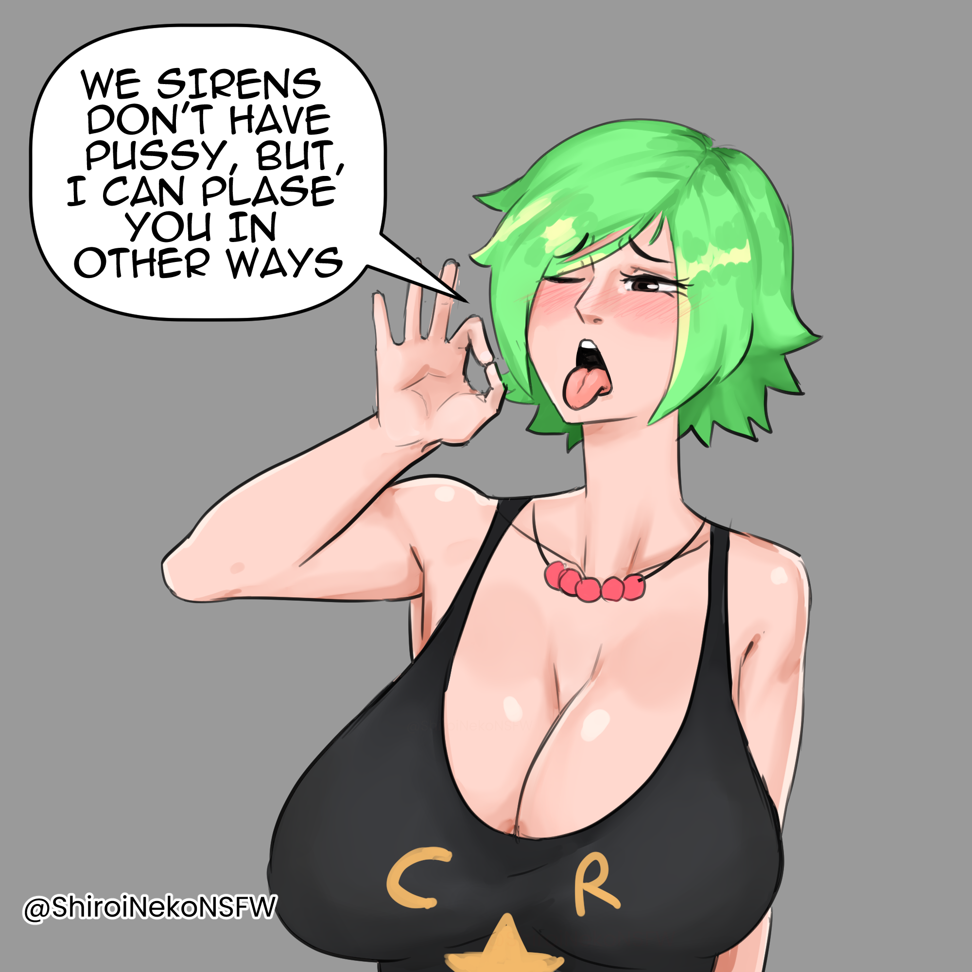 big breasts, blowjob gesture, blush, breasts, camie, camie (one piece), clothing, female, female only, green hair, imminent oral, imminent sex, merfolk, mermaid, mermaid girl, monkey d luffy, one piece, pov male, shiroinekonsfw, short hair, siren, submissive, text, text bubble