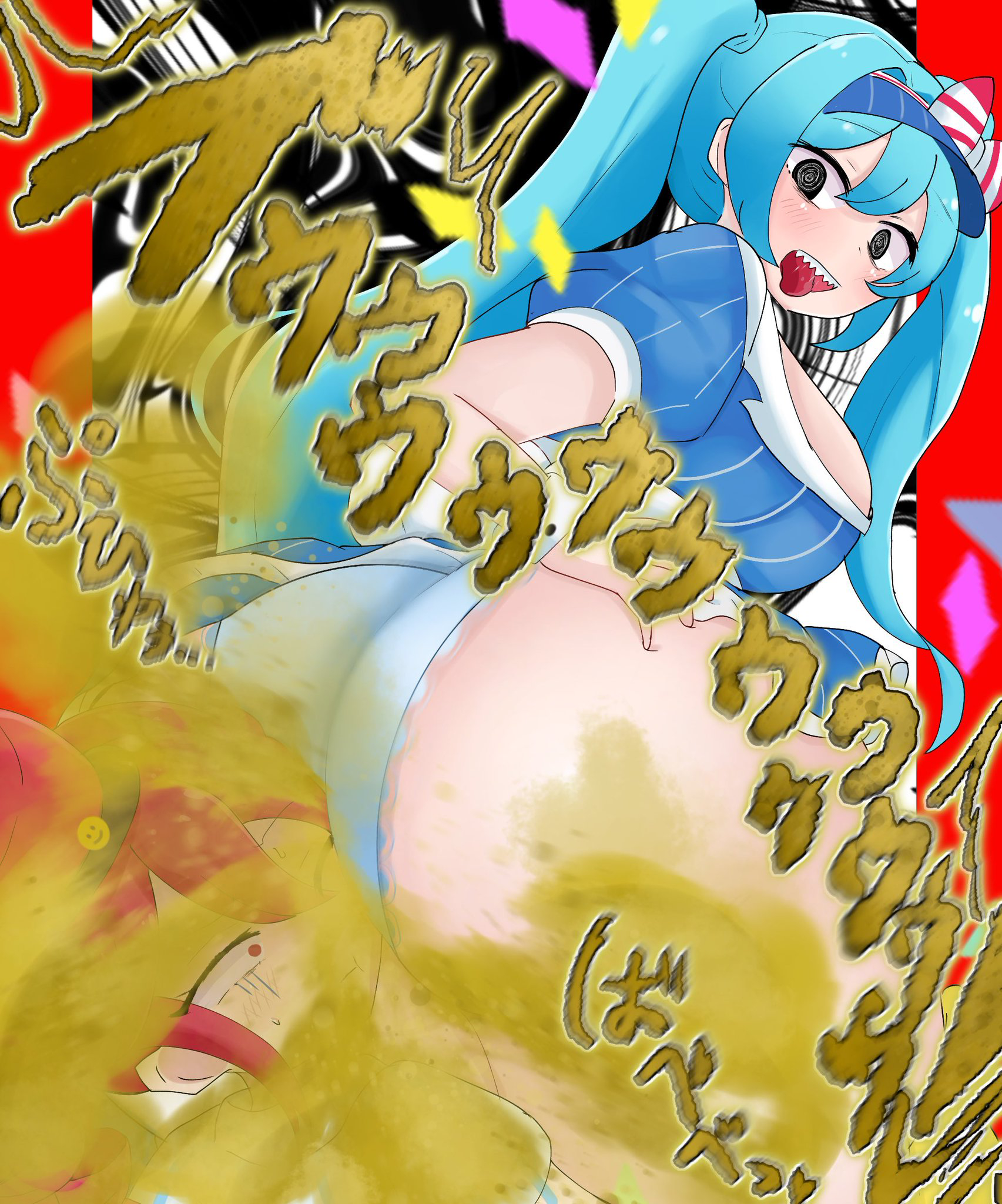 ass, ass focus, big ass, breasts, duo, face in ass, fart, fart cloud, female, female only, hatsune miku, kasane teto, mesmerizer (vocaloid), mesmerizer miku, mesmerizer teto, panties, sharp teeth, spiral eyes, underwear, uu kusaiyoo, vocaloid