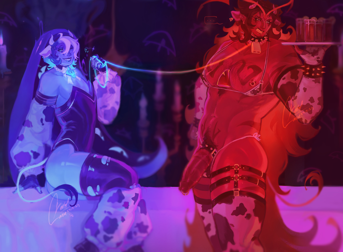 ..., 2boys, belly piercing, burning spice cookie, censored, chest, cookie run, cookie run kingdom, cow bell, cow ears, cow horns, cow print, cow tail, cum overlord, garter belt, leash, long hair, male, male chest, male only, mosaic censoring, nipple piercing, nipples, pecs, penis, penis piercing, piercing, pubic hair, shadow milk cookie, spiked collar, yaoi