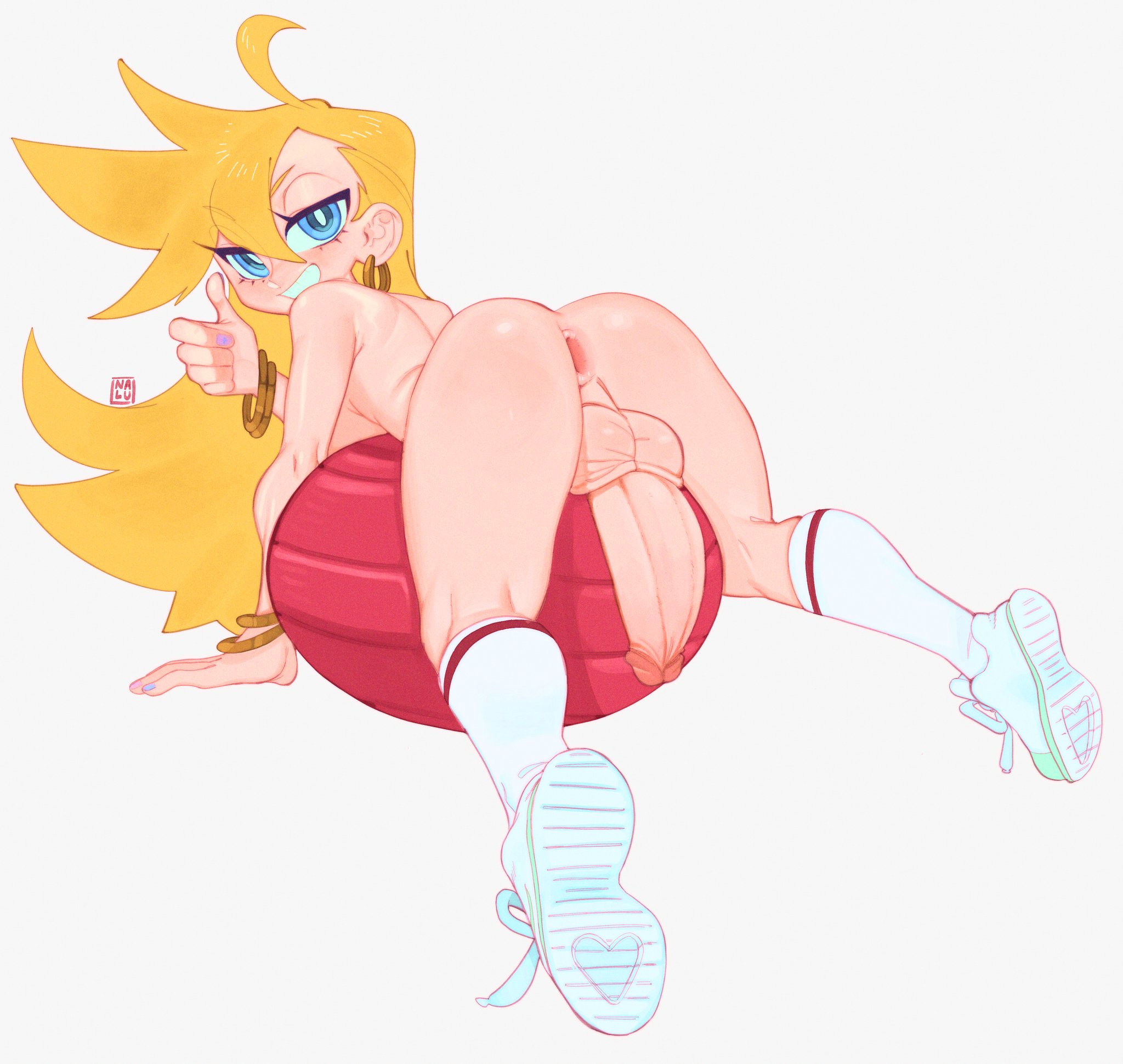 1dickgirl, anus, armwear, ass, balls, big ass, big penis, blonde hair, blue eyes, bracelet, breasts, cock-tail, dickgirl, ear piercing, earrings, erect penis, erection, footwear, futa only, futa sans pussy, futanari, gaping, gaping anus, hair, hoop earrings, intersex, light skin, light-skinned futa, long hair, looking back, nail polish, nails, naked, naked footwear, naked futa, nalu (artist), nalu chaaan, nude, nude futa, panty & stocking with garterbelt, panty anarchy, penis, penis out, shoes, smile, socks, solo, solo futa, thumbs up, yoga ball