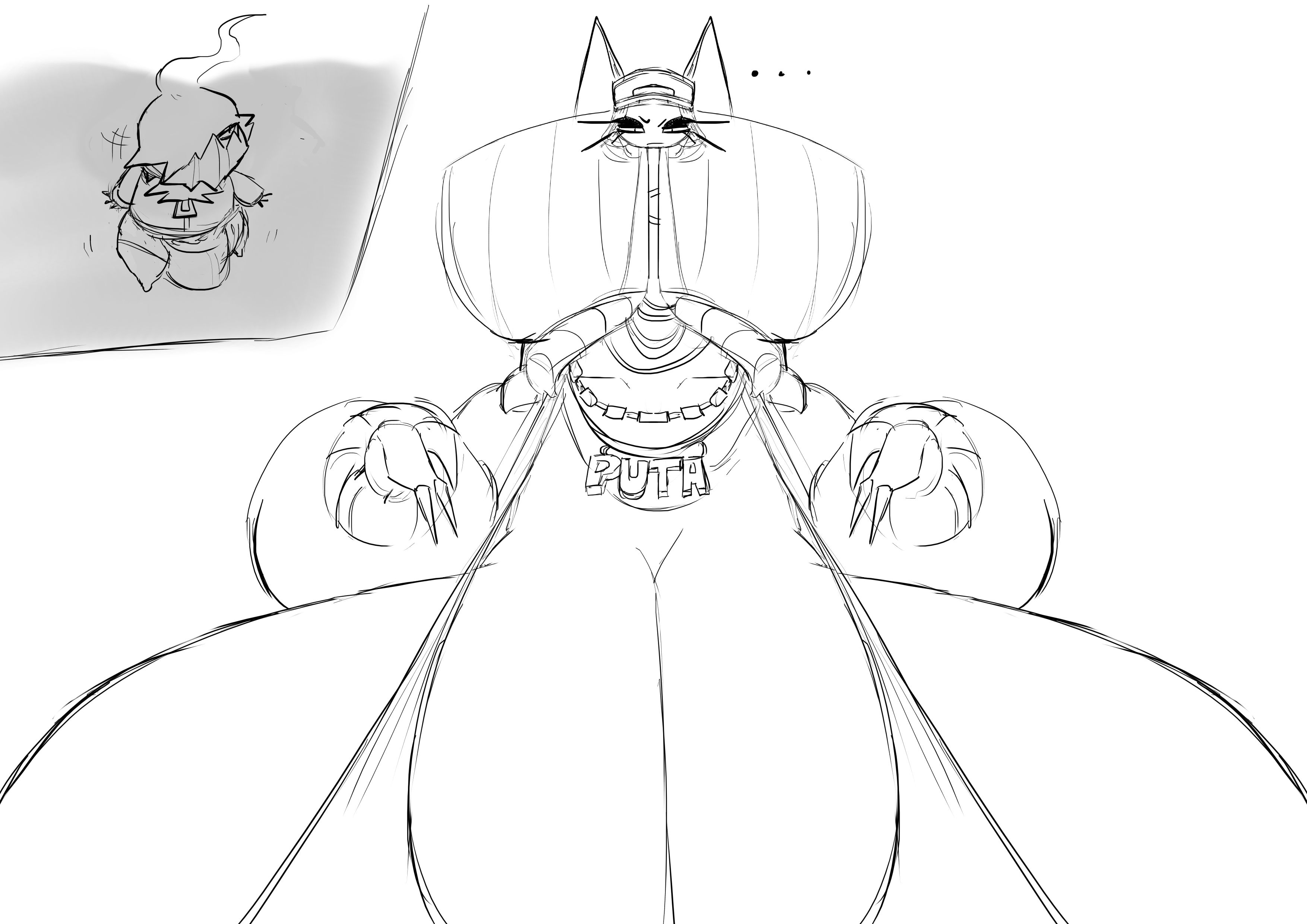 1boy, 1girls, 3 fingers, annoyed, annoyed expression, annoyed female, antennae, antennae (anatomy), breasts, breasts bigger than head, cleavage, darkrai, enormous breasts, eyelashes, female, gigantic breasts, headwear, huge breasts, hyper, hyper breasts, jacket, jacket open, large breasts, larger female, long eyelashes, long neck, looking away, male, monochrome, neckwear, nintendo, non-human, pheromosa, pokemon, pokemon sm, puta, short attention span, simple, smaller male, tagme, tank top, topwear, ultra beast, yobaba