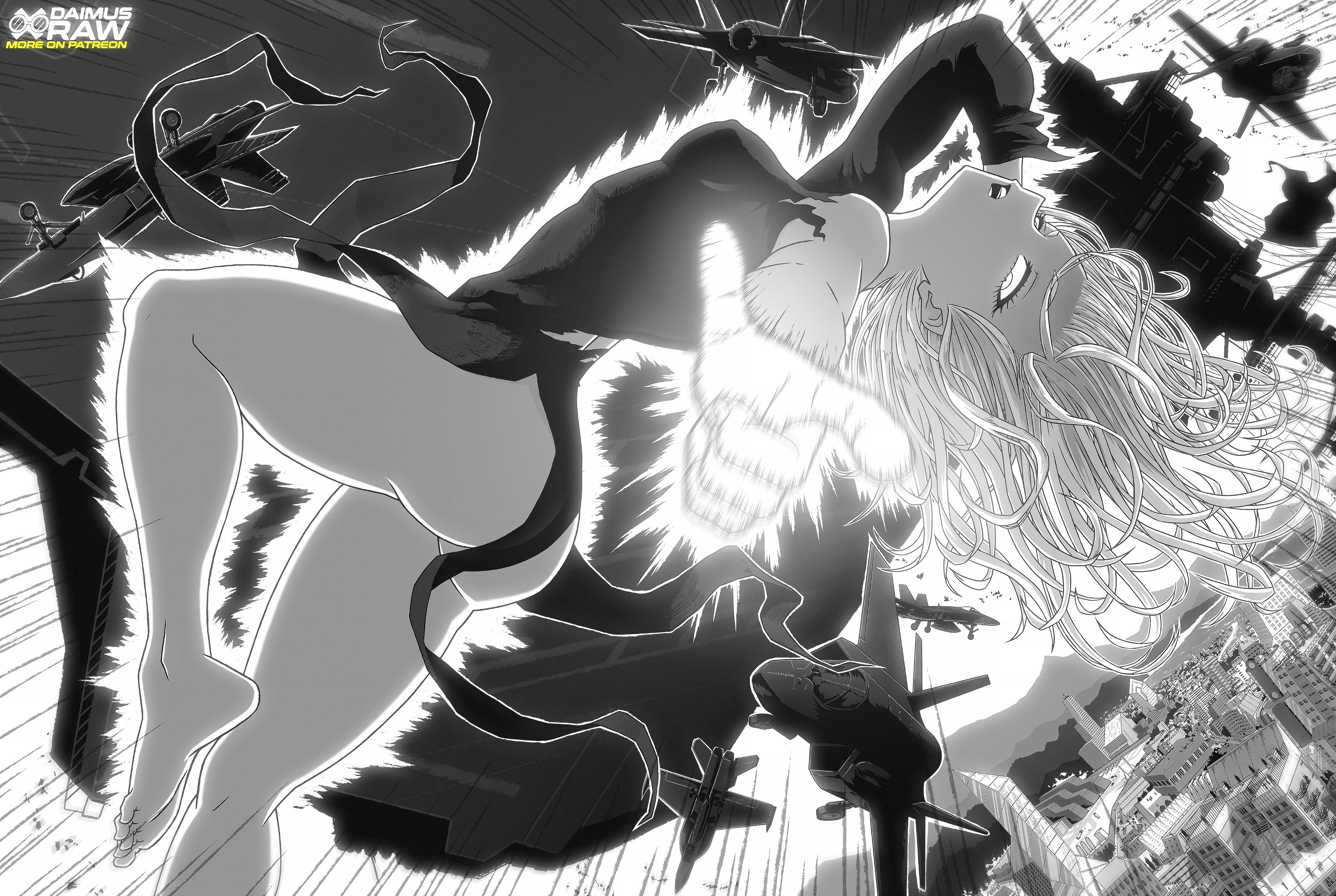 2d, 2d (artwork), airborne, ass, badass, barefoot, black and white, daimusraw, esper, feet, female, female only, flying, glowing, glowing eyes, goes hard, helicarrier, jet, legs, looking at viewer, manga, monochrome, no sex, one punch man, one-punch man, pointing, pointing at viewer, psychic, tatsumaki, tatsumaki (one-punch man), telekinesis, toes